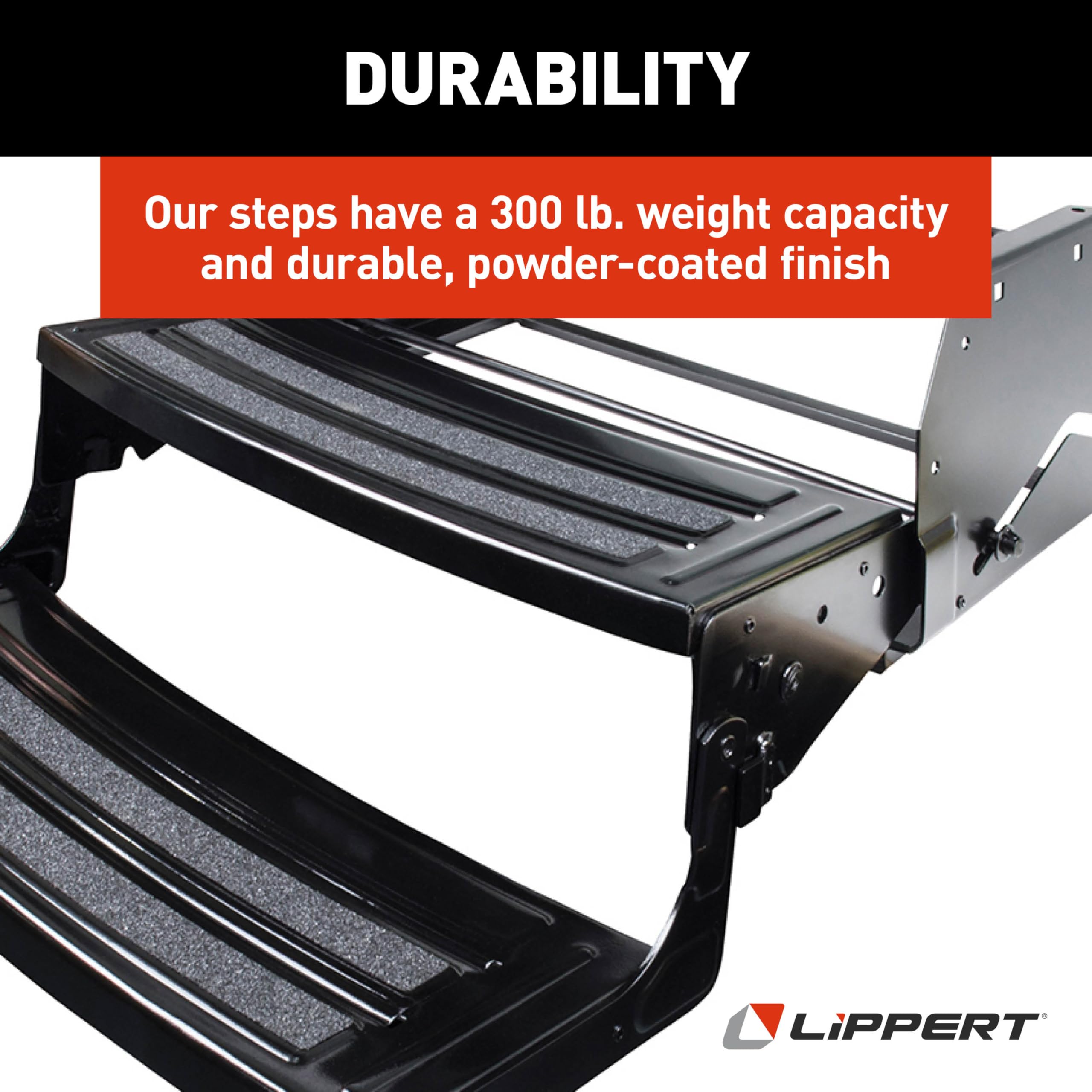 Lippert 24" Radius Double Manual RV Step Assembly, 8" Rise, 300 lbs. Anti-Slip Steps, Compact One-Hand Expand or Collapse, Black Powder Coat, Travel Trailers, 5th Wheels, Campers - 432682