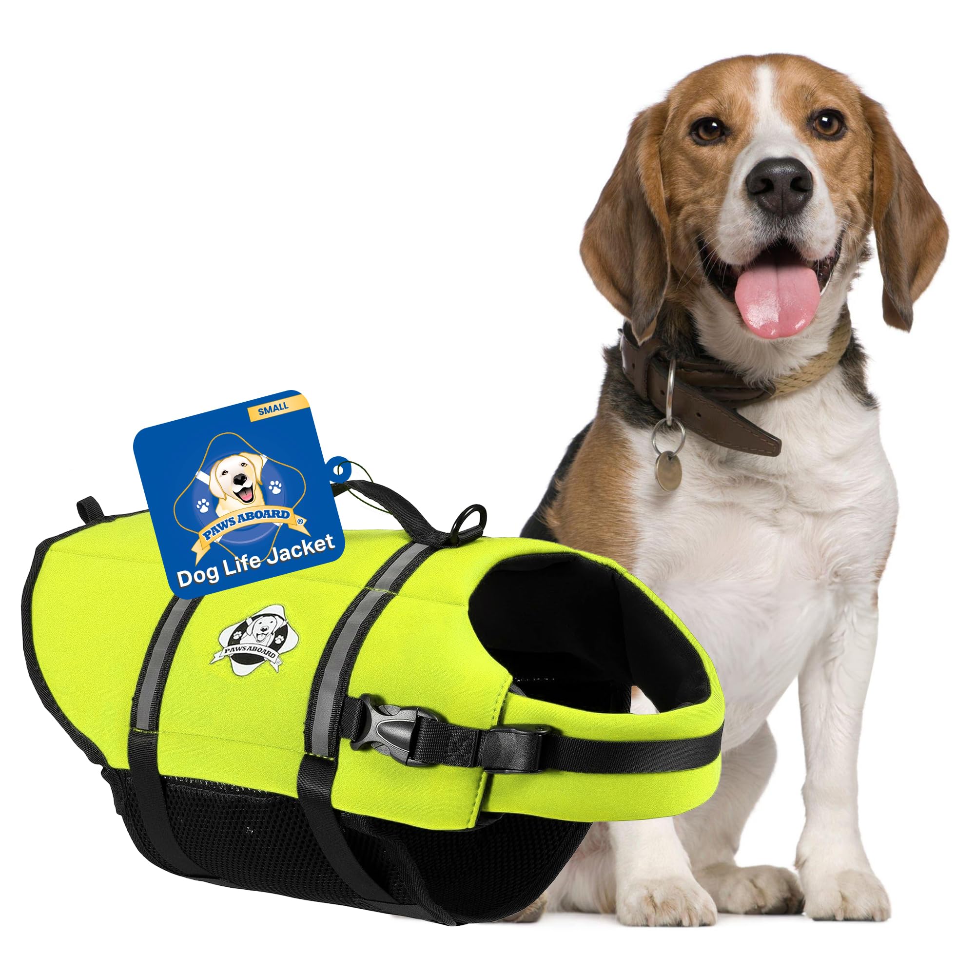 Dog Life Jacket Paws Aboard - Swimming Vest for Dogs, Adjustable, Reflective, Comfortable, Multiple Colors, Patterns, XX-Small to Extra Large Dog Swim Vest with Handle (Neon Yellow, Small)