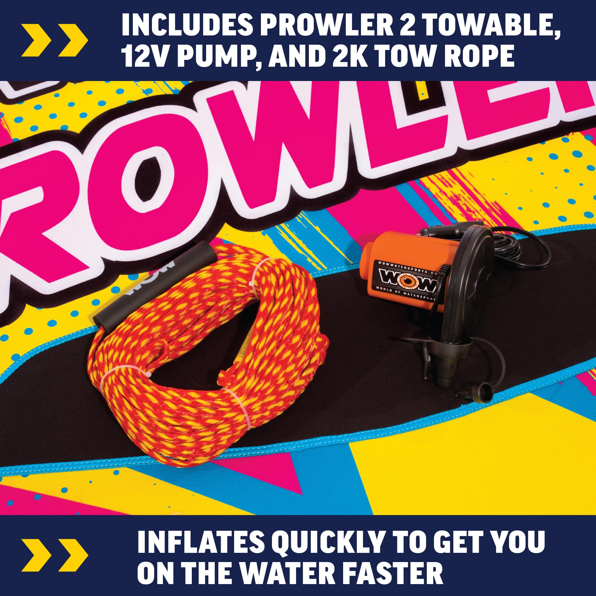 Prowler WOW Sports Starter Kit, 2 Person Boating Tube, 12v High Speed Air Pump, & 2K Tow Rope