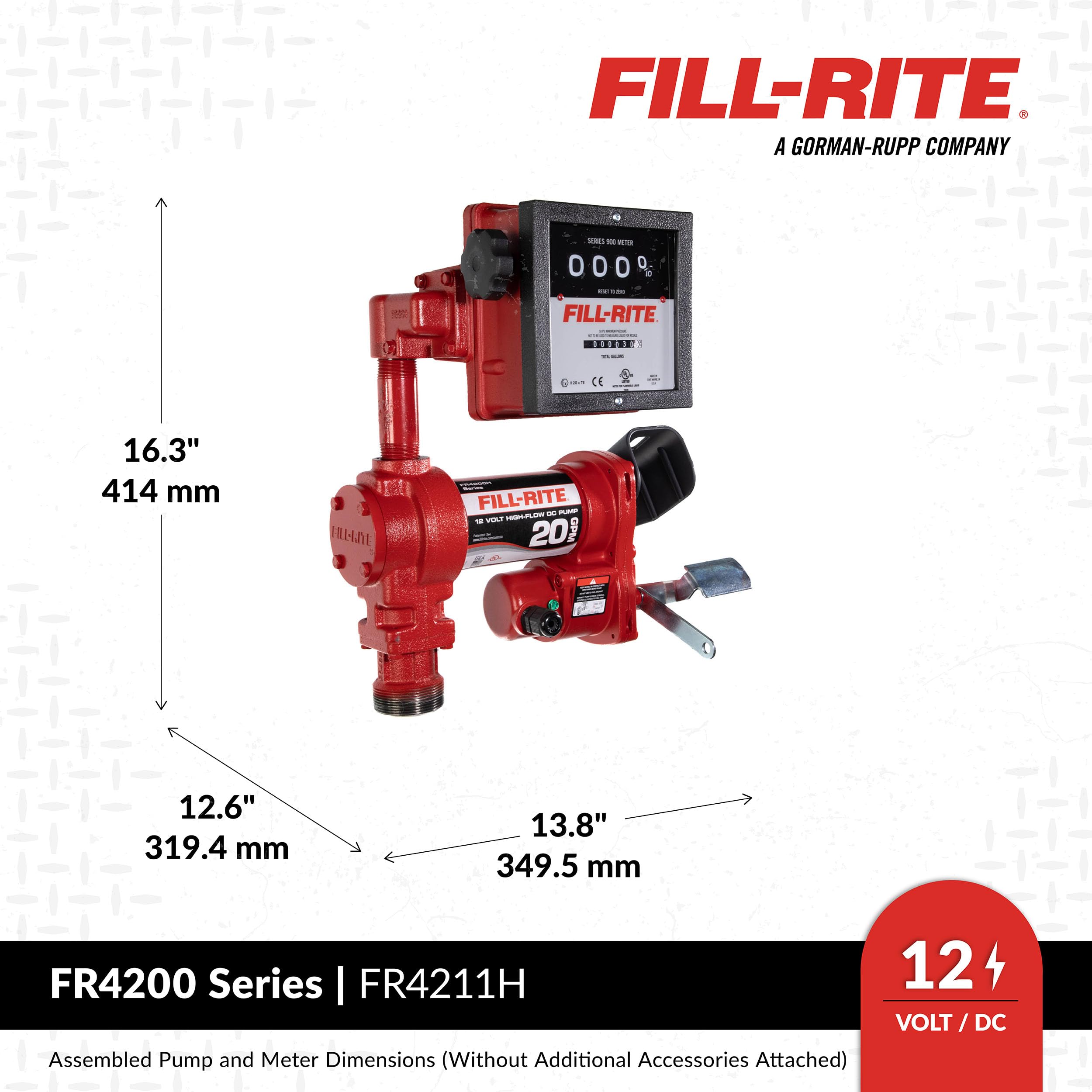 Fill-Rite 12V FR4211H Fuel Transfer Pump with Standard Mechanical Meter Package, 20 GPM Gasoline, Diesel, Kerosene, Ethanol & Methanol Blends & Biodiesel