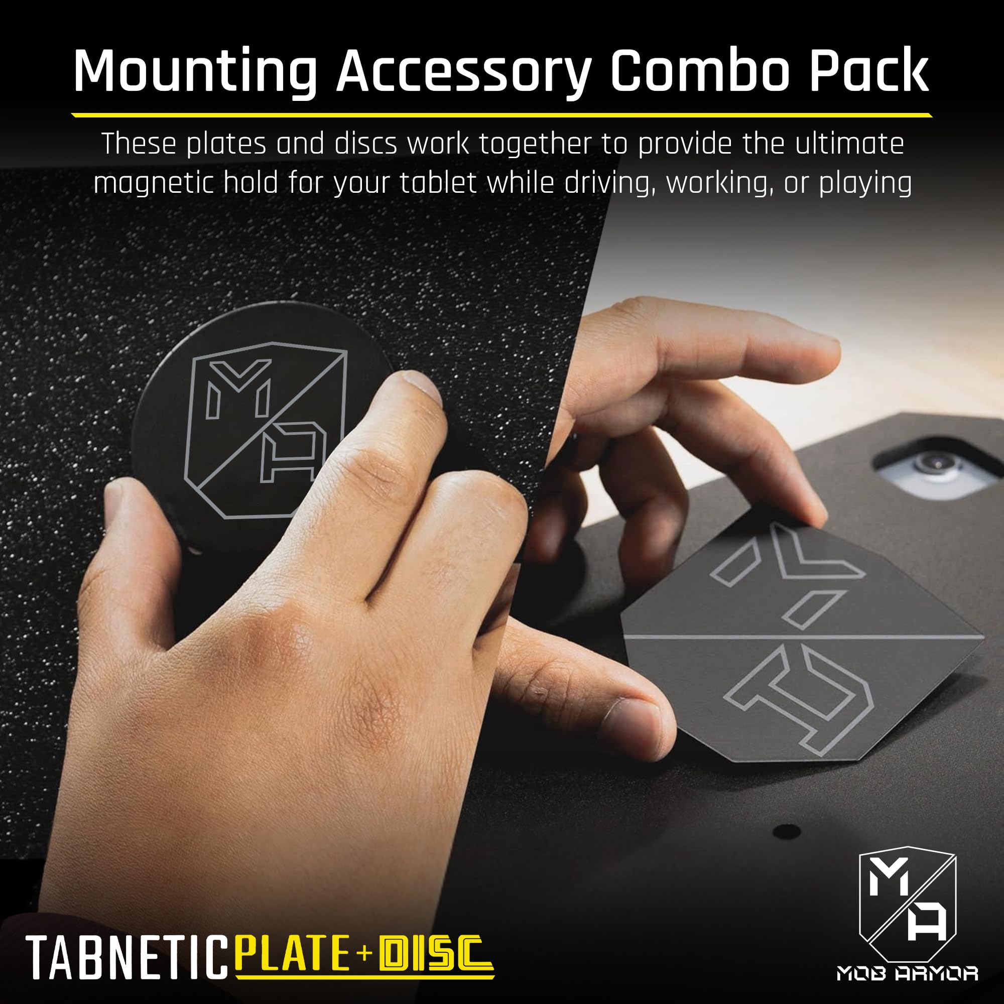 TabNetic Mob Armor Combo Pack - Magnetic Tablet Mounting Solution with Heavy Duty Metal Plate, Adjustable Mounting Disc and Strong 3M VHB Non-Marking Adhesive Magnet Stickers for Car Tablet Mount