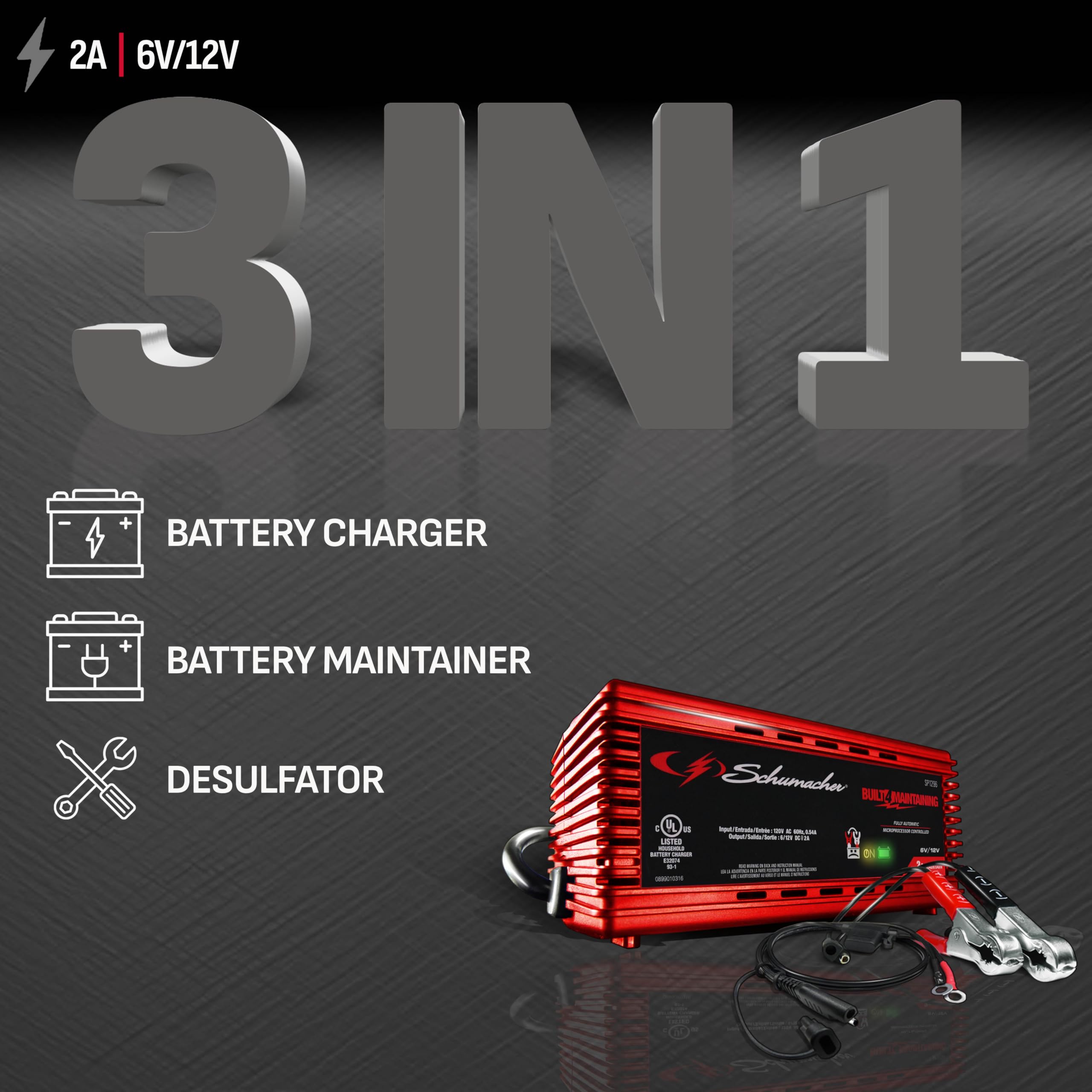 2A Schumacher Electric Car Battery Charger and Maintainer, 3-in-1 Solution, for 6V/12V Power Sport, Automotive, and Marine Batteries, SP1296