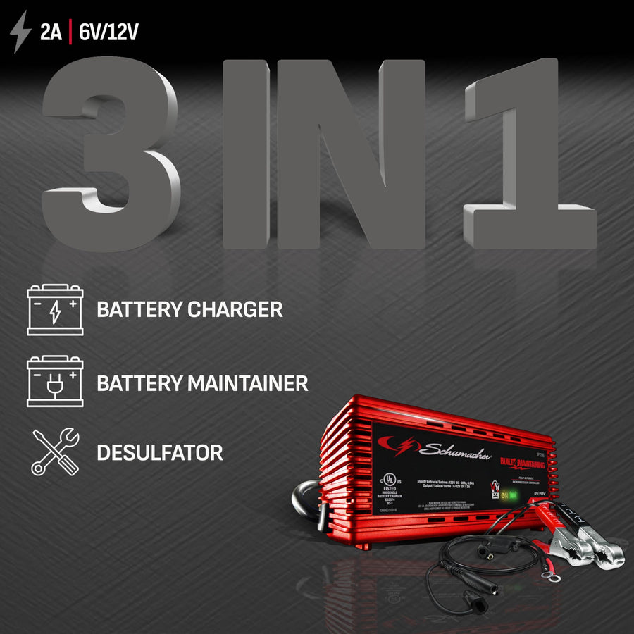 2A Schumacher Electric Car Battery Charger and Maintainer, 3-in-1 Solution, for 6V/12V Power Sport, Automotive, and Marine Batteries, SP1296