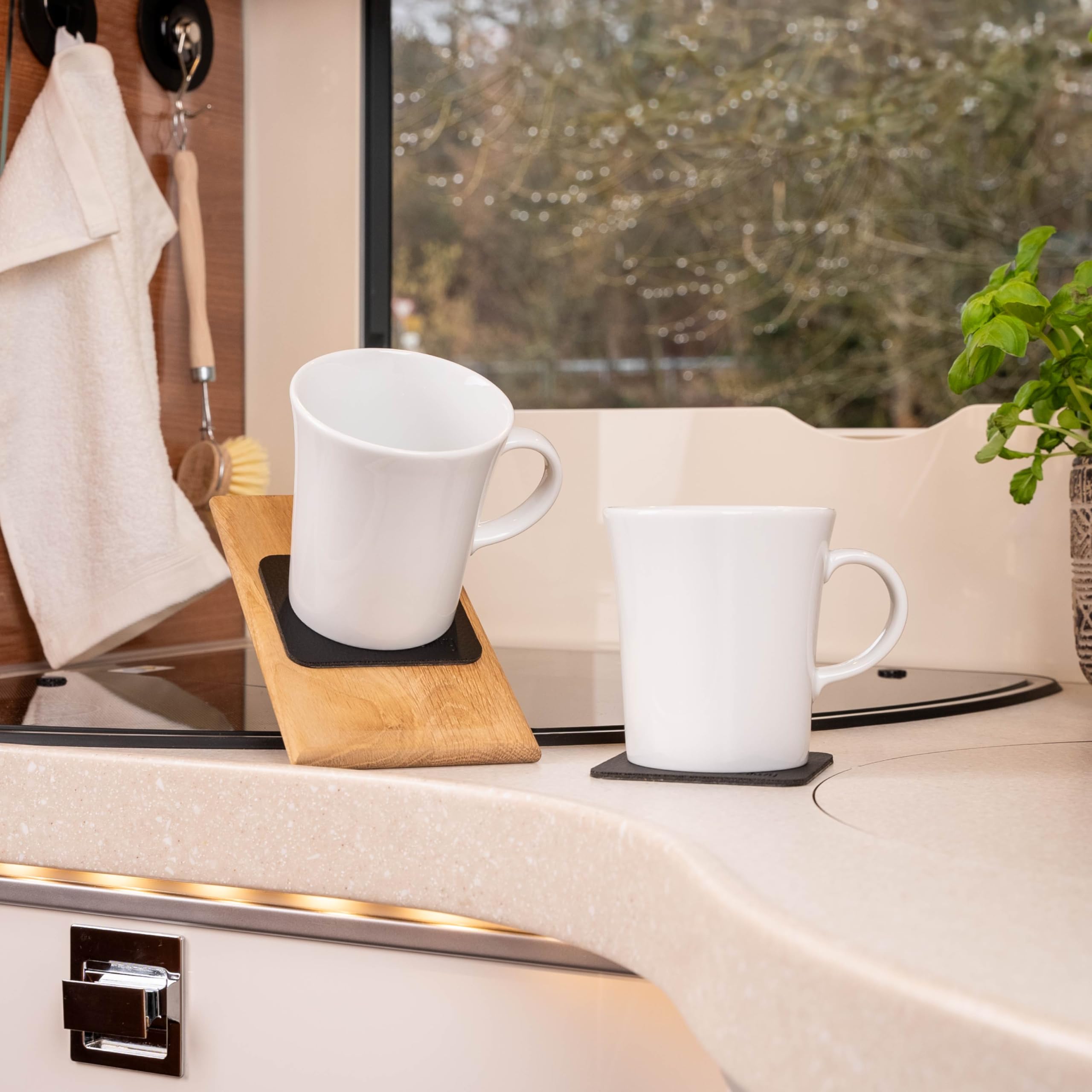silwy® Magnetic Handle Porcelain Cups (Set of 2) Includes Two Metal Nano Gel Pads Black - Non-Slip Camping and Caravanning Cups, Boat and Yacht Accessories