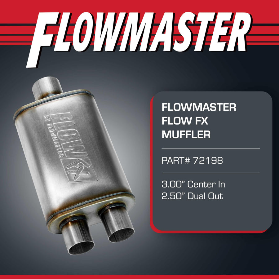 Flowmaster Chambered FX Muffler – 3.00” Center In / 2.50” Dual Out – Moderate Sound – Stainless Steel – Affordable Performance for Modern Trucks, Muscle Cars & Daily Drivers (72198)