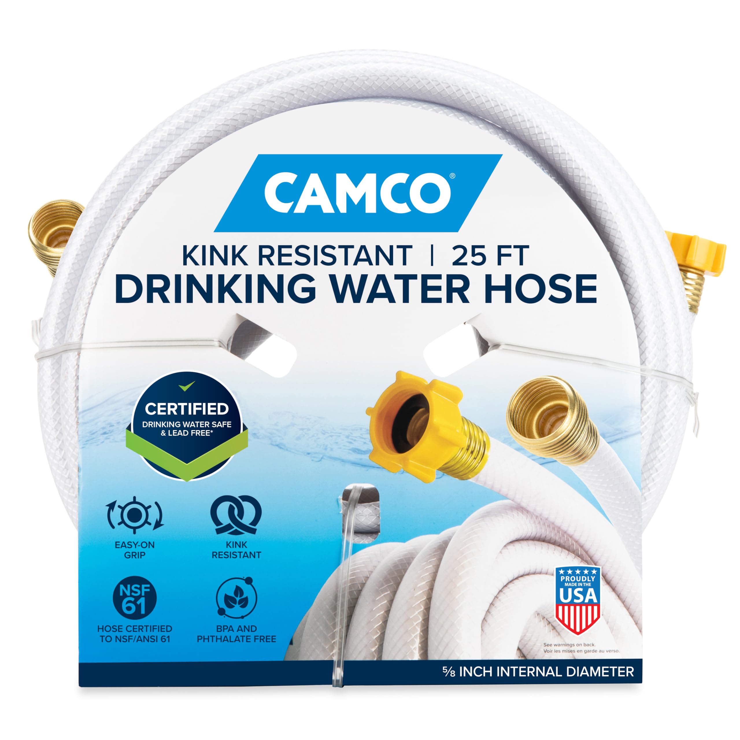 25-Ft Camco TastePURE Water Hose - RV Drinking Water Hose Contains No Lead, No BPA & No Phthalate - Features Diamond-Hatch Reinforced PVC Design - 5/8” Inside Diameter, Made in the USA (22783)