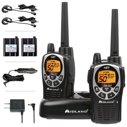 Midland Two-Way Radio 50 Channel GMRS - Long Range Walkie Talkie with 142 Privacy Codes, SOS Siren, and NOAA Weather Alerts and Weather Scan (Black/Silver, Pair Pack)