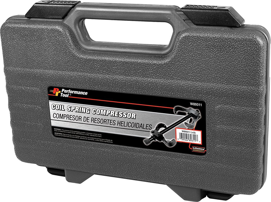 W89311 Performance Tool Coil Spring Compressor for Vehicle Maintenance and Repair with Tempered Chrome Steel Jaws in Blow Molded Storage Case, 12-in Rod