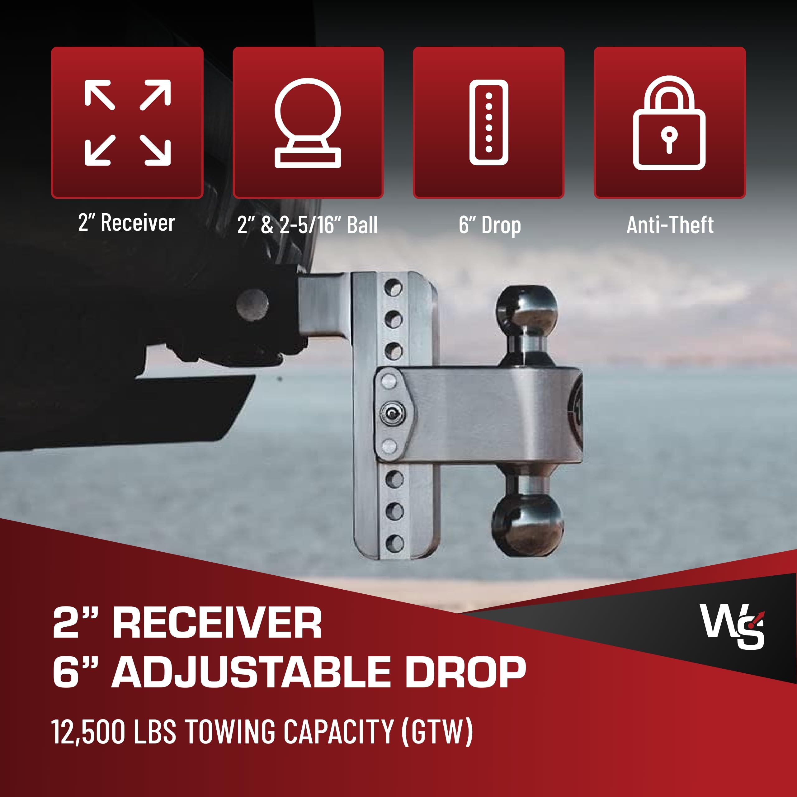 Weigh Safe Adjustable Hitch Trailer Ball Mount, 6" Adjustable Drop Hitch for 2" Receiver w/ 2 pc Keyed Alike Lock Set, Heavy Duty Aluminum Trailer Tow Hitch w/ Chrome Plated Tow Balls, 12,500 lbs GTW