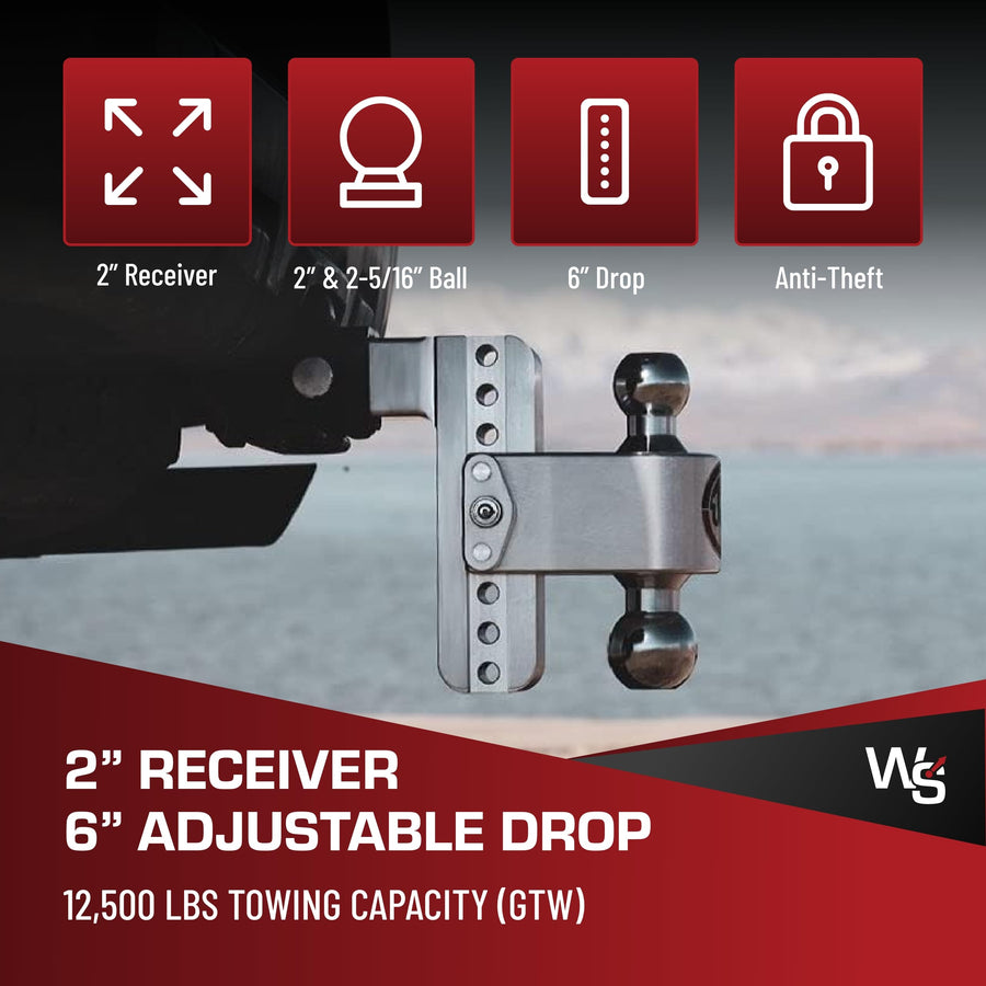 Weigh Safe Adjustable Hitch Trailer Ball Mount, 6" Adjustable Drop Hitch for 2" Receiver w/ 2 pc Keyed Alike Lock Set, Heavy Duty Aluminum Trailer Tow Hitch w/ Chrome Plated Tow Balls, 12,500 lbs GTW