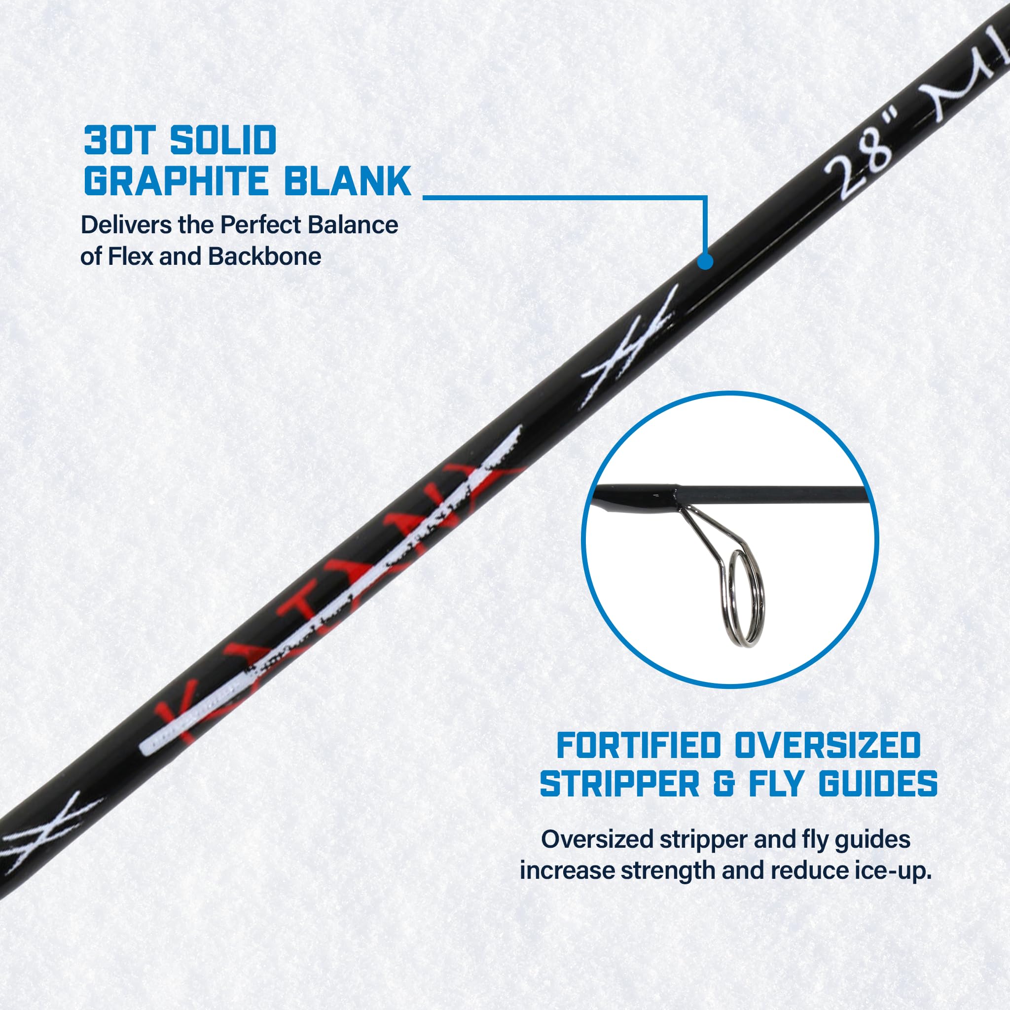Katana Clam Ice Fishing Rod – 28” Medium Light – 30T Solid Graphite Blank with Tsuka Lightweight Handle, Oversized Fly Guides & Carbon Construction – Lightweight Rod for Panfish, Perch & Light Jigging
