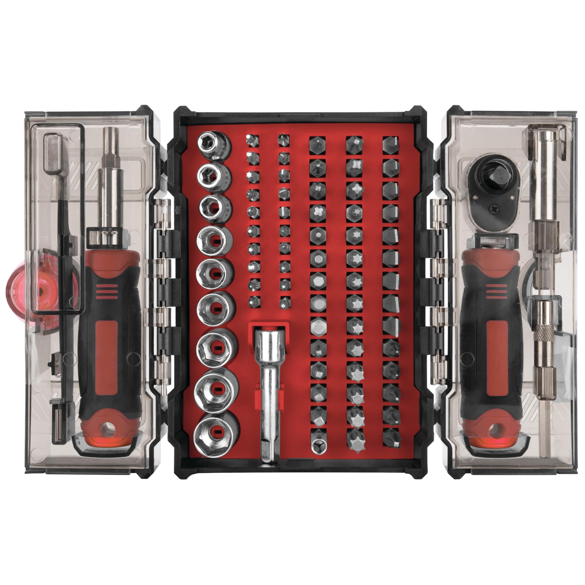 W1745 Performance Tool 78 Pc. Ratcheting Driver Tool Set, 1/4 in. Drive Ratchet, Bit Driver, Extensions, Bit Holders, Bits and Sockets, Storage Case, Red