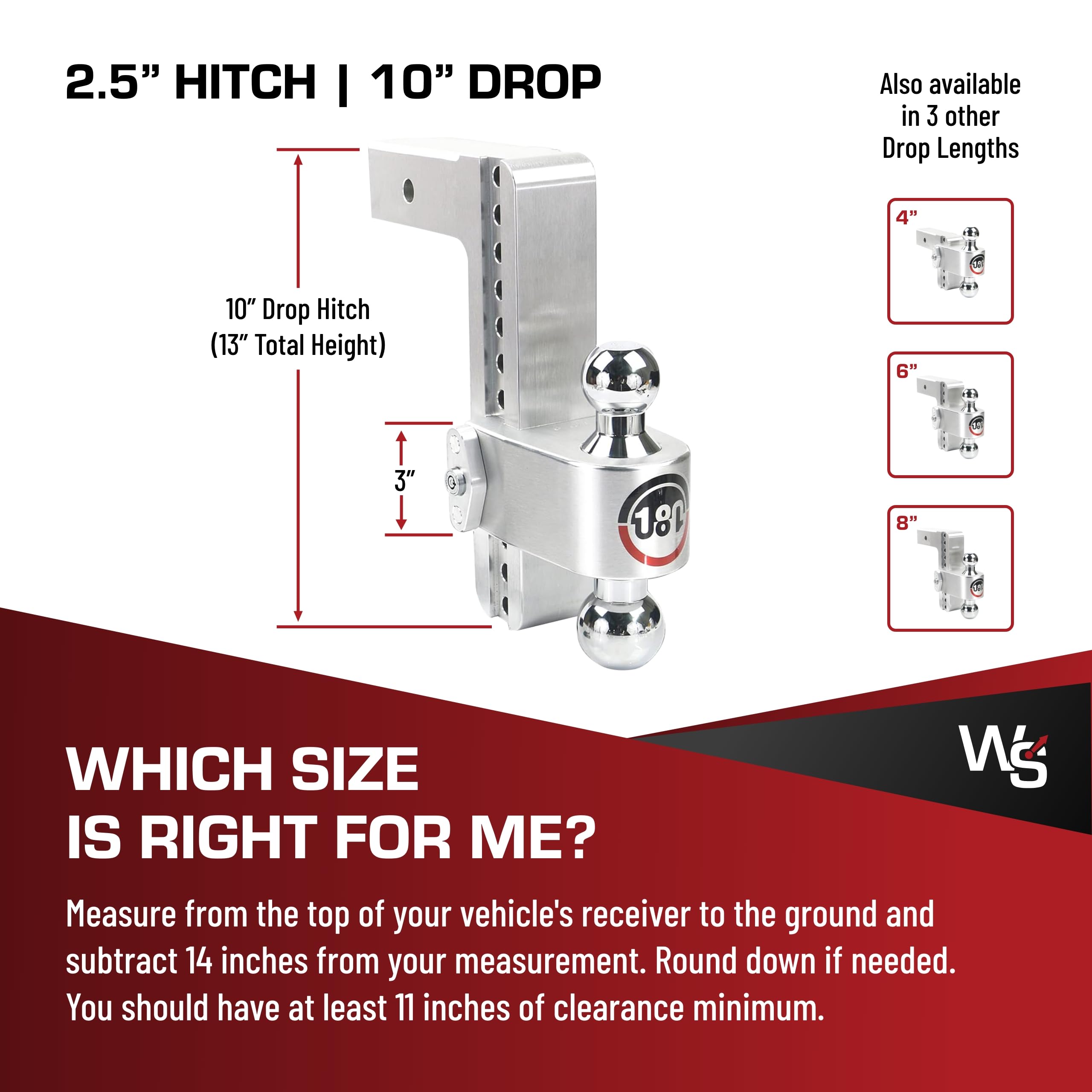 Weigh Safe Adjustable Hitch Trailer Ball Mount - 10" Adjustable Drop Hitch for 2.5" Receiver - Premium Heavy Duty Aluminum Trailer Tow Hitch w/ Chrome Plated Tow Balls (2" & 2 5/16") - 18,500 lbs GTW