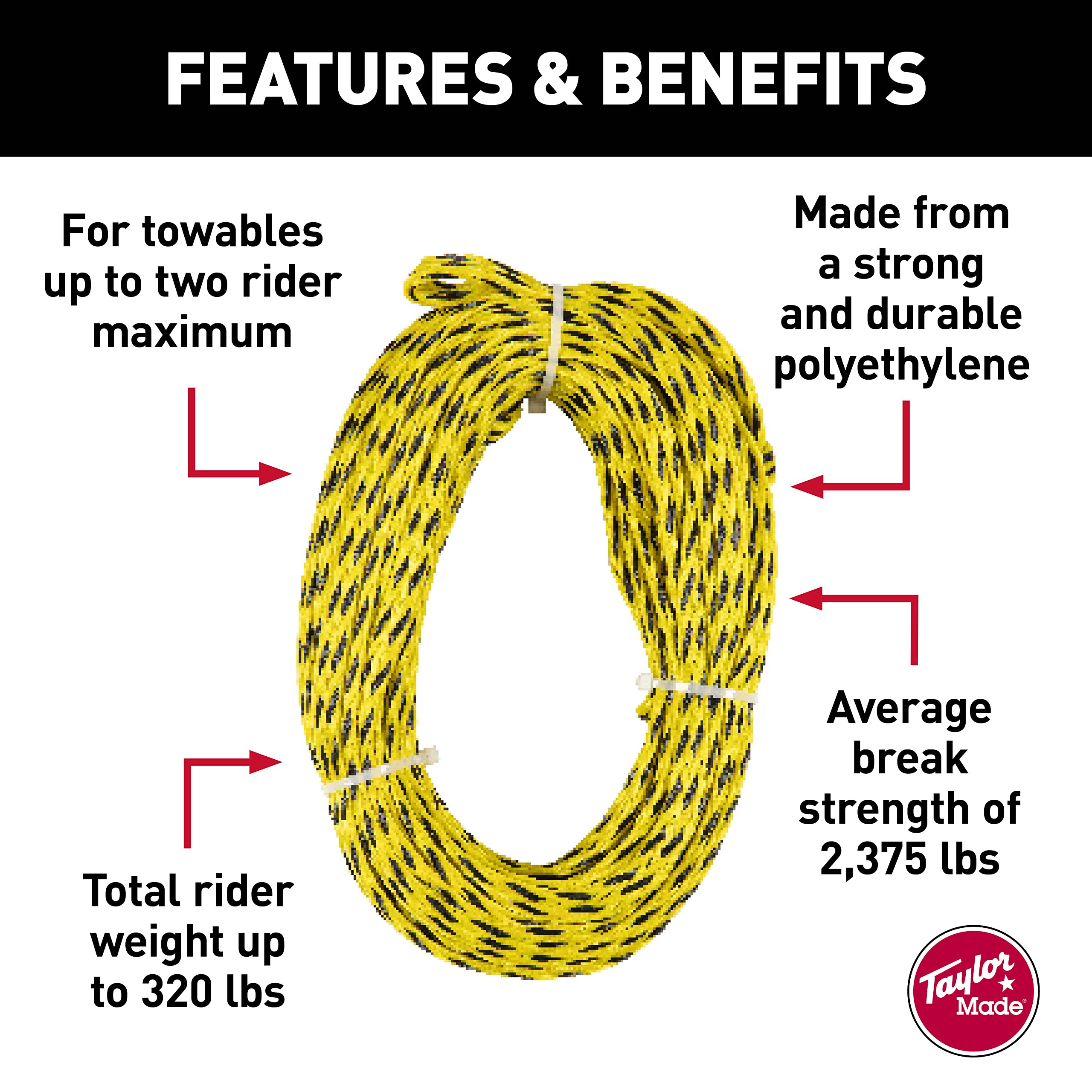 Taylor Made 2K Towable Tube Rope, 60 ft. Long, Supports Two Riders up to 320 lbs., 10mm polyethylene Tow Rope, 2,375 lb. Break Strength - 2021150644