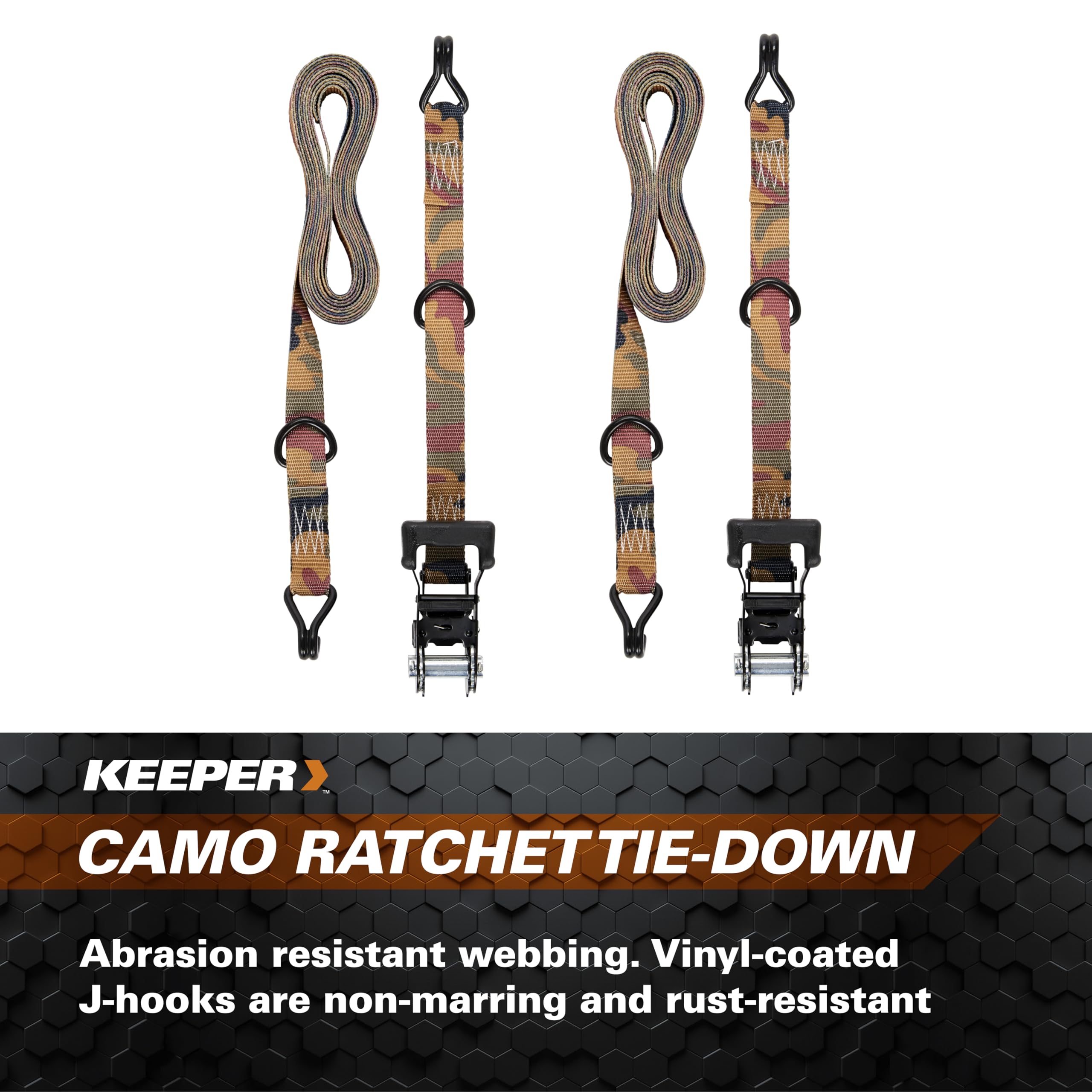 1.25” x 16' Camo Ratchet Tie-Down Keeper with J Hooks, 2 Pack - 1,000 lbs. Working Load Limit and 3,000 lbs. Break Strength