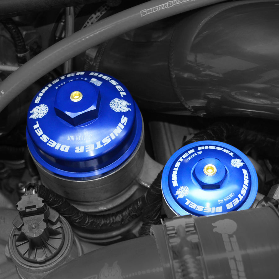 Billet Blue Cap Kit Sinister for 2003–2007 Ford Powerstroke 6.0L – Coolant Reservoir, Oil and Fuel Filter Cap Upgrade