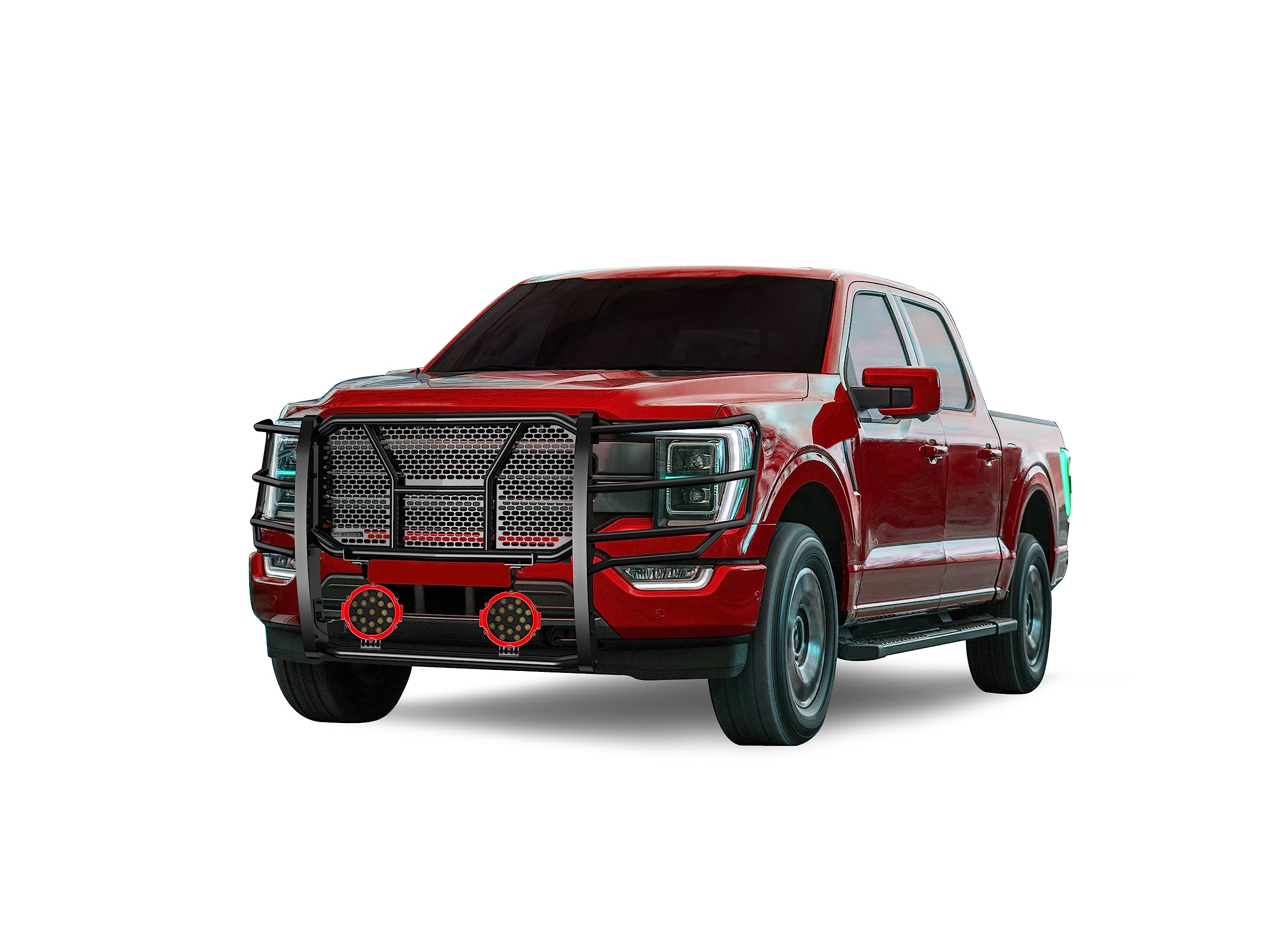 Heavy Duty Black Horse Rugged Grille Brush Bumper Guard Modular Black Come with Pair of 7.0" Dia.LED Lights with Red Trim Rings Compatible with 2021-2024 Ford F-150-RU-FOF116-B-PLR