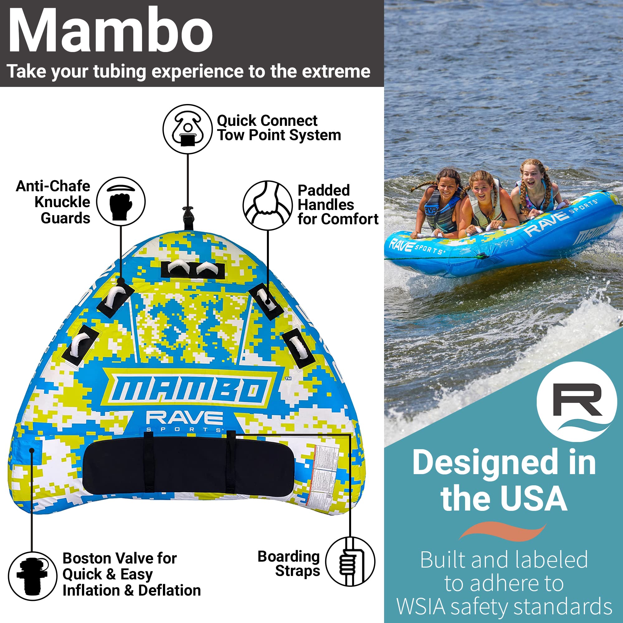 Mambo RAVE Sports Inflatable Towable Tube, 1-3 Riders, Wing Shape for Fast Rides, Durable Nylon Cover, Foam-Filled Reinforced Handles, Quick Connect Tow Point, Boat-Towables, Holds 510 lbs