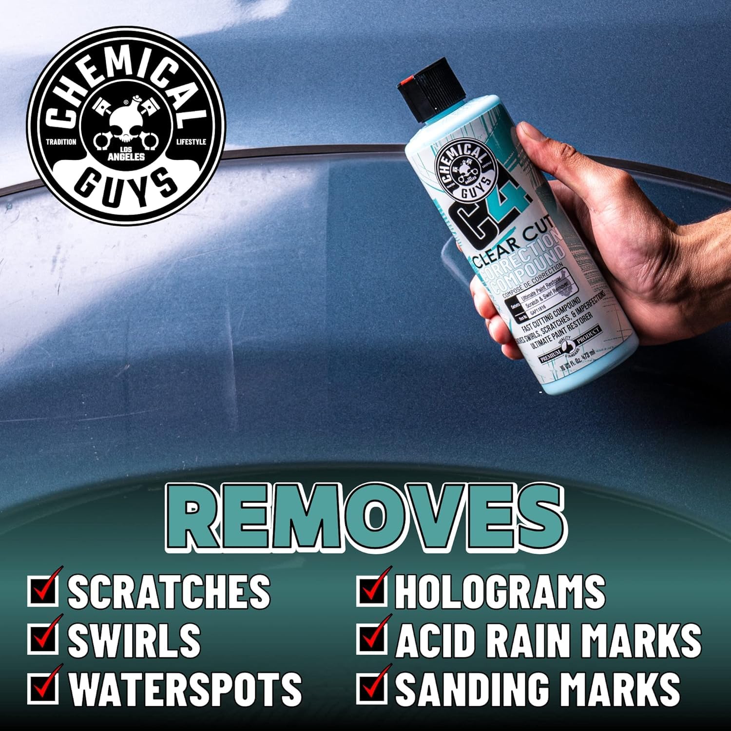 C4 Clear Cut Correction Compound Chemical Guys - Professional Paint Correction Polish for Cars, Trucks, SUVs, and RVs - Swirl, Hologram and Scratch Remover for a Smooth, Glossy Finish, 16 fl oz
