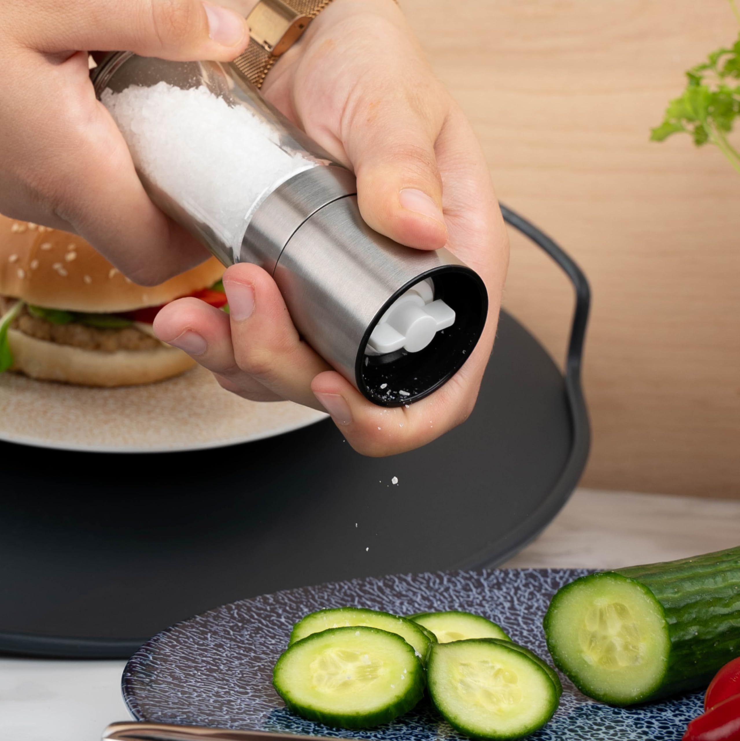Silwy® Spice Mills with Magnets Set of 2 with Adjustable Ceramic Grinder Silwy® Including 2 Metal Nano Gel Pads Salt Mill and Pepper Mill Made of Quality Stainless Steel (Without Contents)