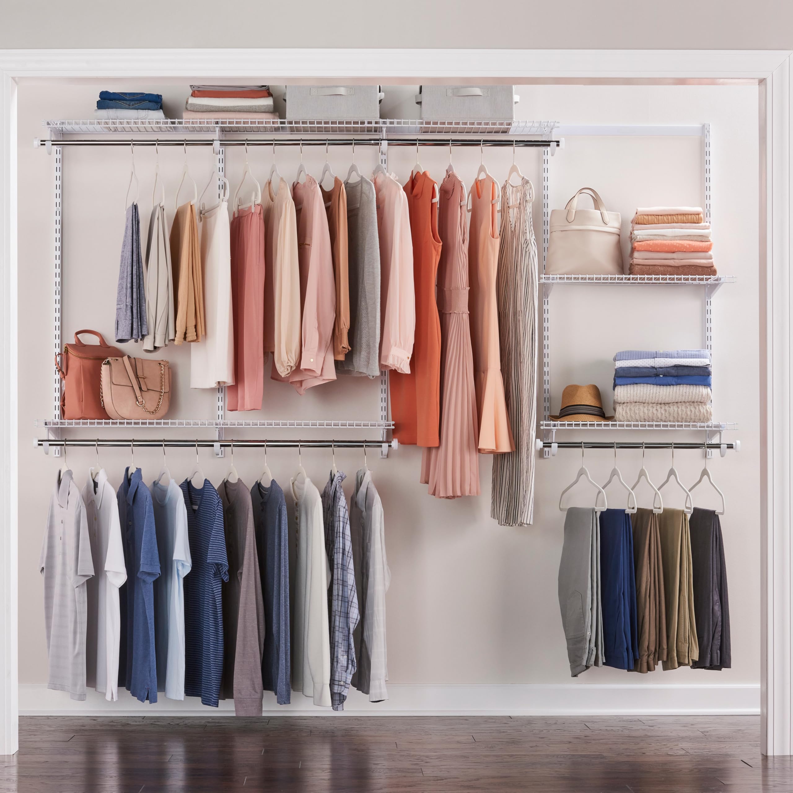 Rubbermaid Configurations Custom Closet Kit Adjustable Metal Wire Shelving 4-8 Ft. White Finish Expandable Organization System Hardware Included for Home Closet/Pantry/Laundry/Mudroom