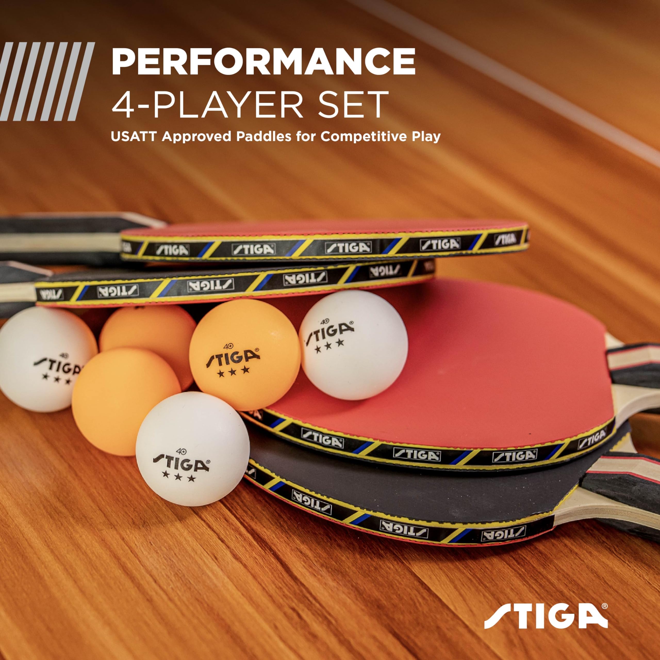 4 Player STIGA Performance Ping Pong Paddle Set of 4 – Table Tennis Rackets, 6 – 3 Star Orange and White Balls