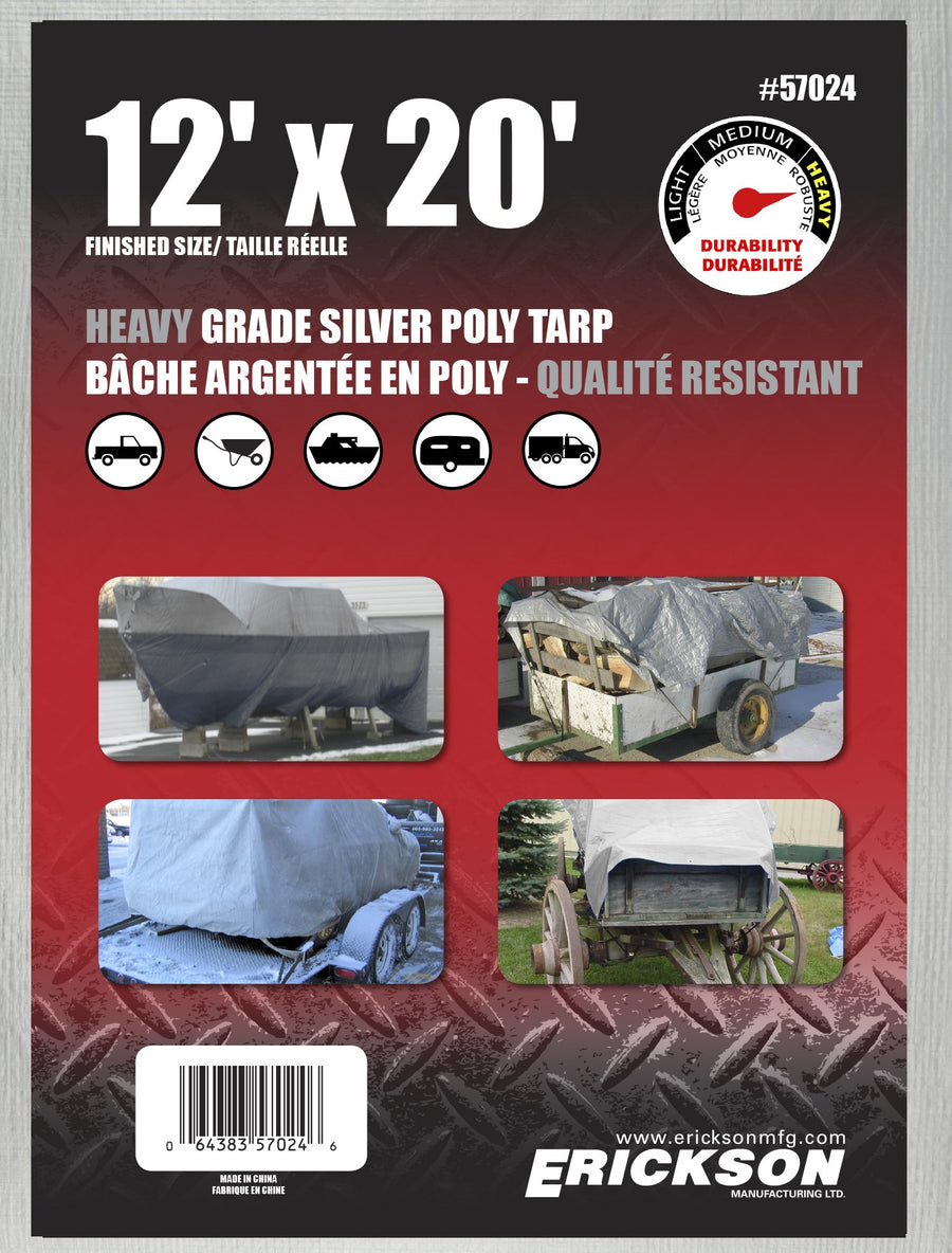 Heavy Grade Erickson 57024 Silver Poly Tarp, 12' x 20', 1 Pack
