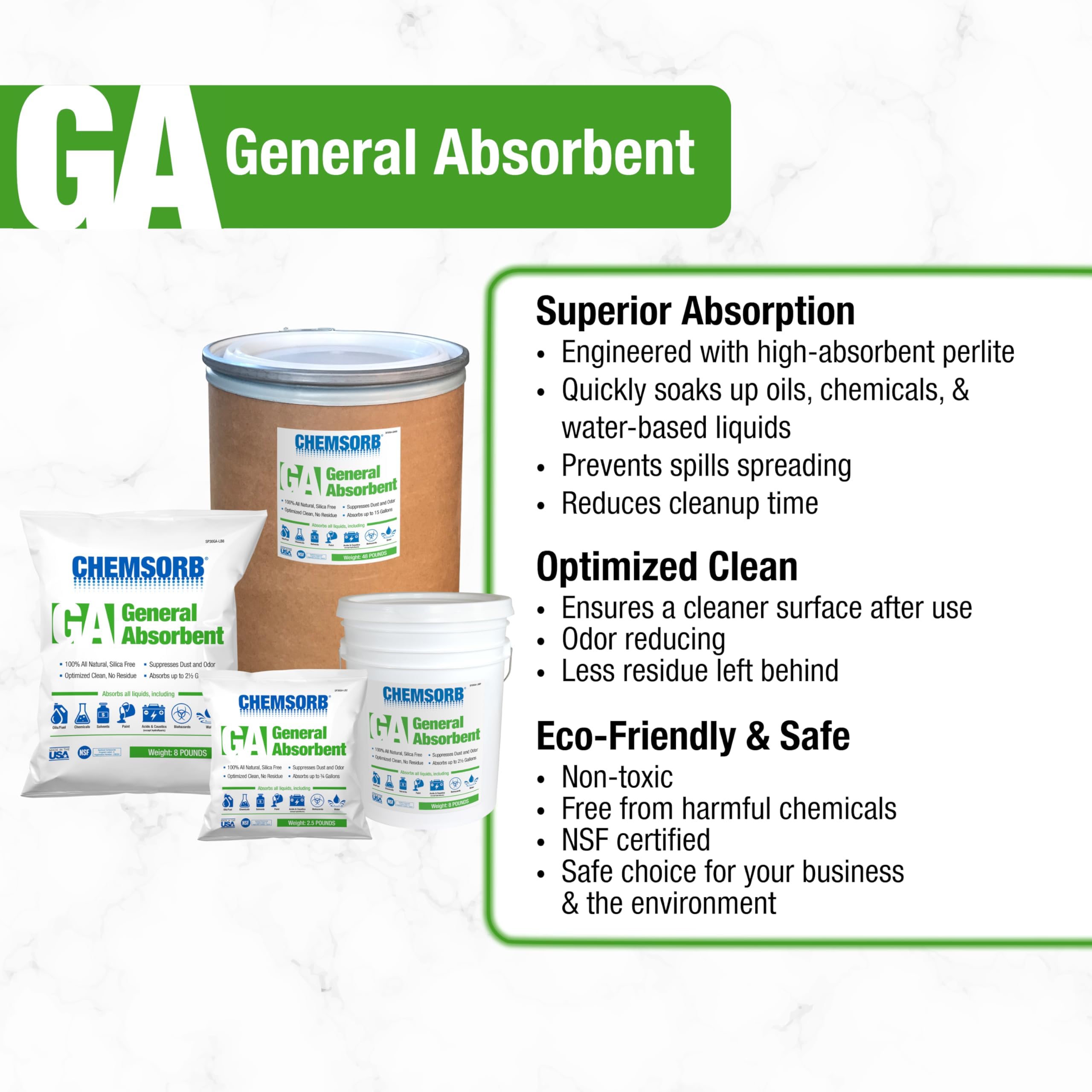 General Absorbent Chemsorb GA - 1 Gal. Bag, SP30GA-L1B, Light Weight Spill Response, Universal Absorbent, Silica Free, Absorb: Oil, Grease, Chemicals, Solvents, Diesel Fuel, White