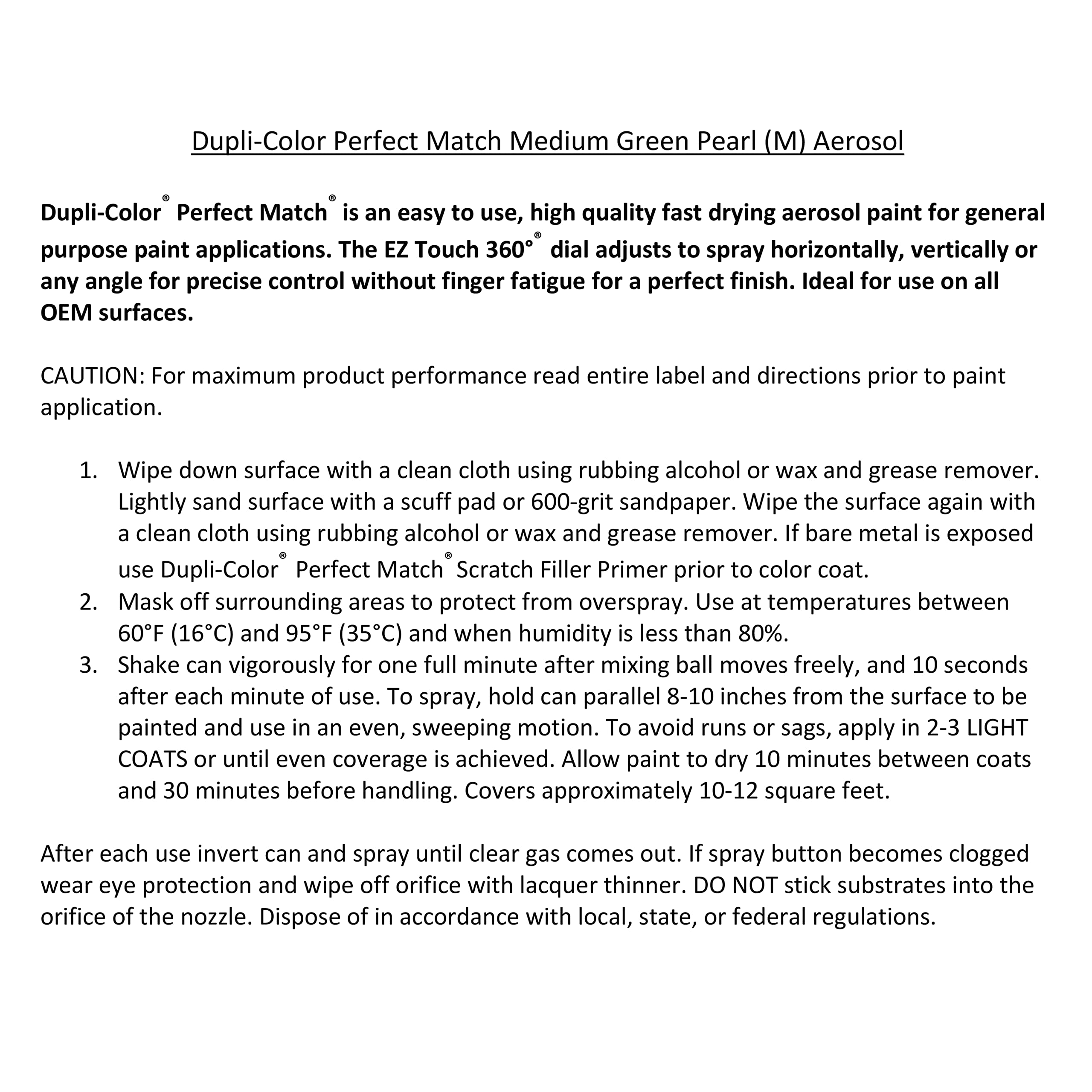 Perfect Match Dupli-Color Automotive Spray Paint – General Motors Medium Green Pearl Metallic, 47 WA9539 – 8 oz. Aerosol Can