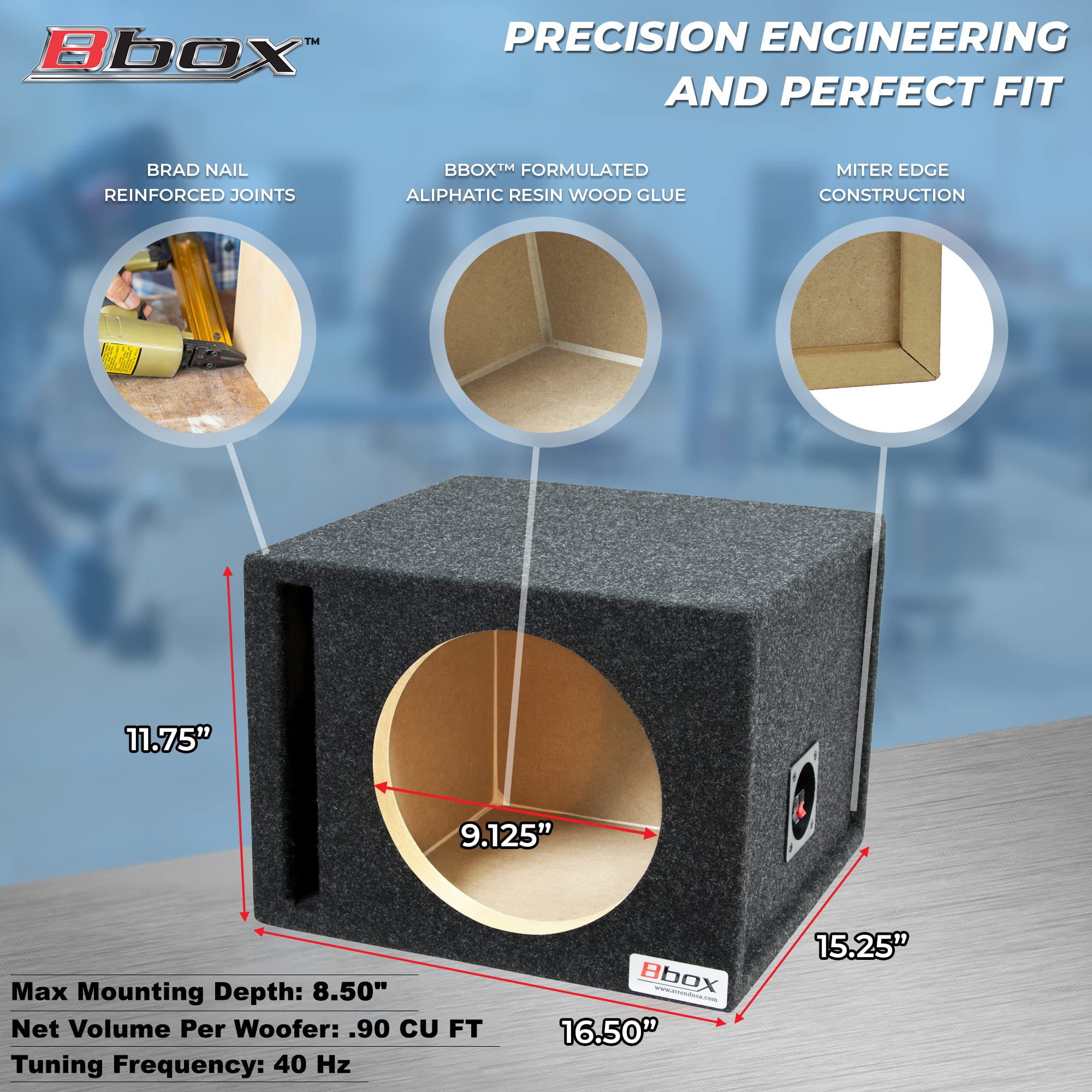 10” Bbox Pro-Tuned Single Vented Subwoofer Carpeted Enclosure - Subwoofer Box Improves Audio Quality, Sound & Bass,Charcoal