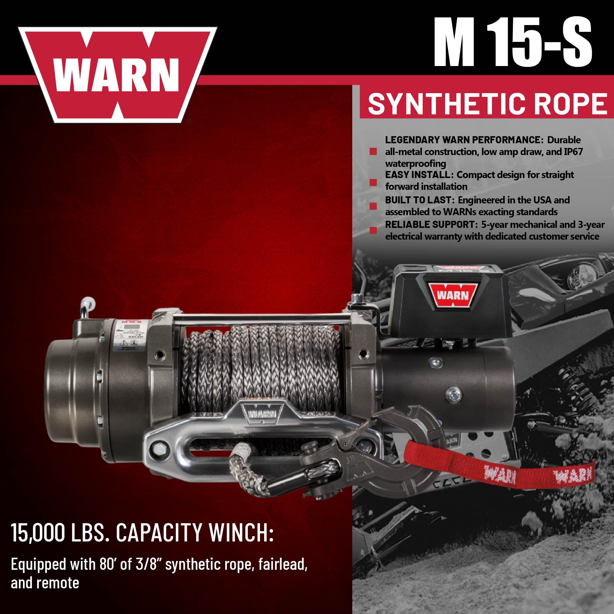 M15-S WARN Electric 12V Heavyweight Winch – 15,000 lb Pulling Capacity, Synthetic Rope, Sealed Motor, IP68 Waterproof, All-Metal Gear Train for Off-Road & Industrial Recovery