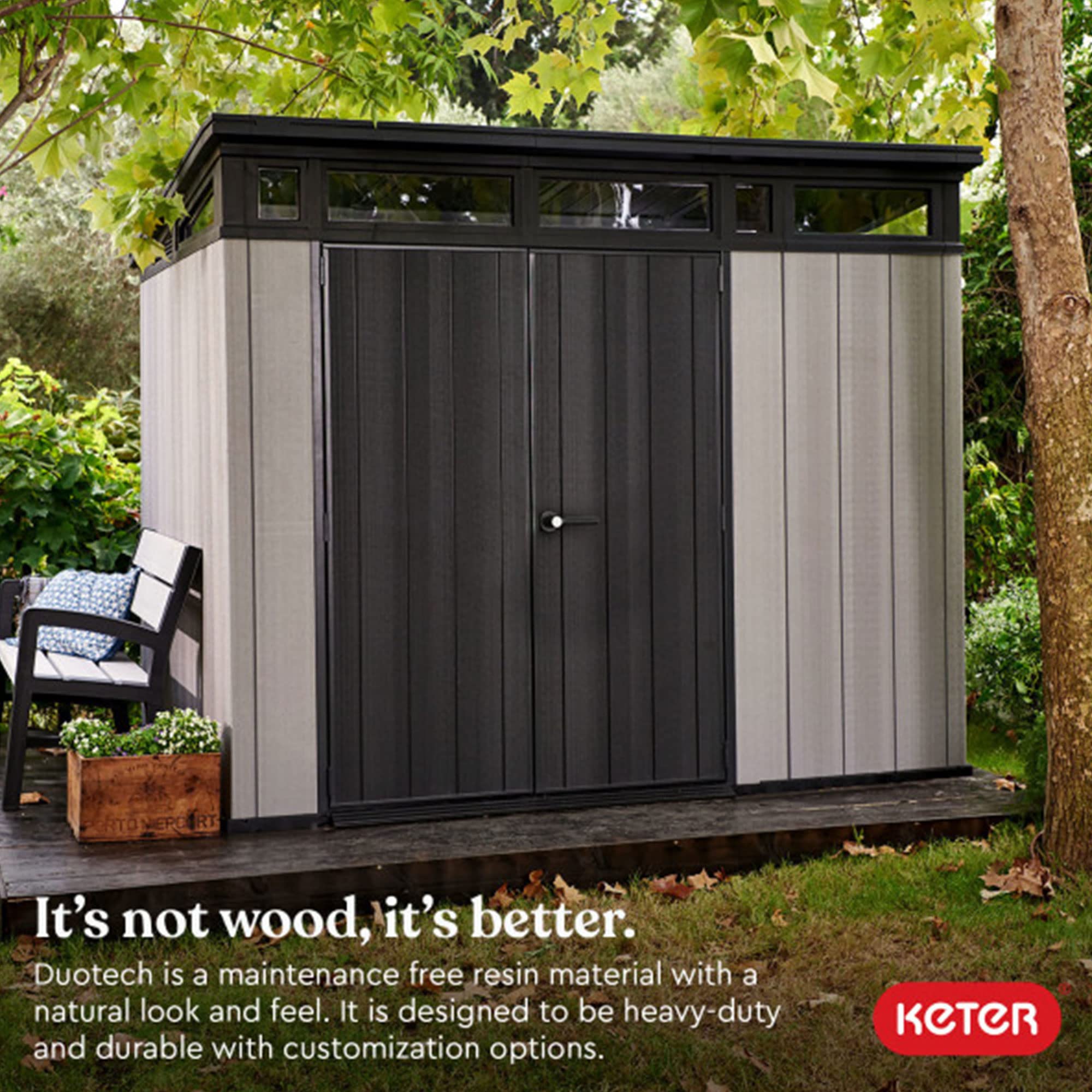 Artisan Keter 9x7 Foot Large Outdoor Shed with Floor with Modern Design for Patio Furniture, Lawn Mower, Tools, and Bike Storage, feet, Grey/Black