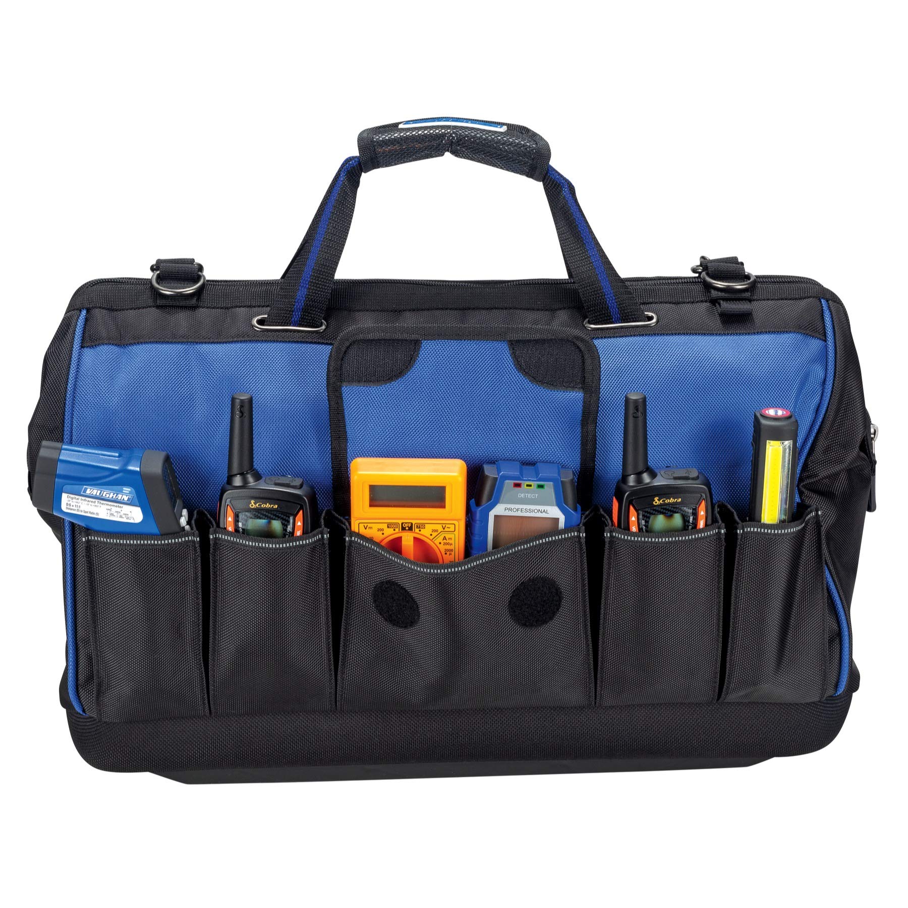 20 inch Vaughan Heavy Duty Wide Mouth Tool Bag 1680 Denier Polyester, 12 Pockets, 13 Tool Loops, Molded EVA Bottom, Carry Handles, Shoulder Strap, Carabiner Clip, 20 in. x 13 in. x 9 in. - 240158