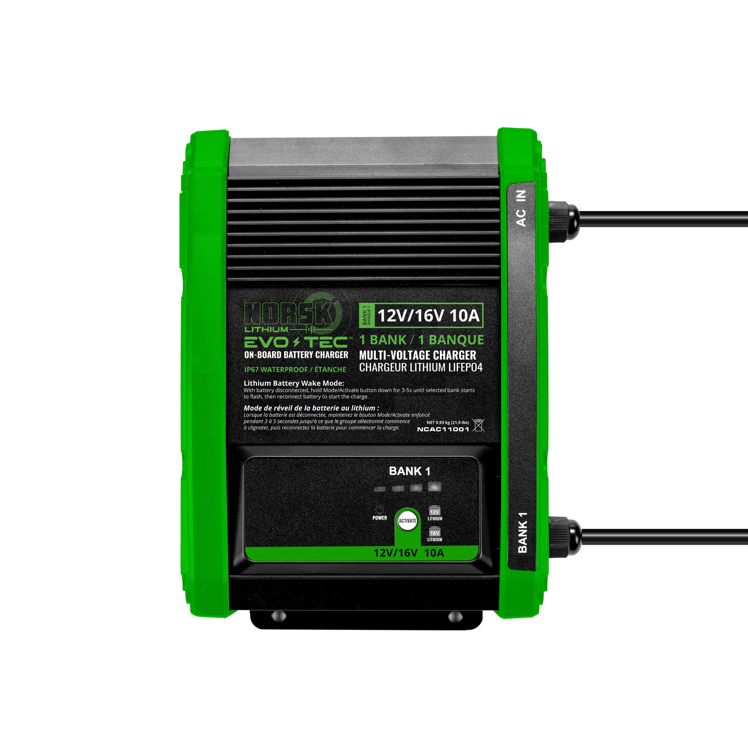 12V/16V Norsk Lithium EVO-TEC™ 10A 1 Bank Selectable On-Board Marine Charger | Marine Battery Charger for LiFePO4, AGM, and Lead Acid Batteries | Wake Mode