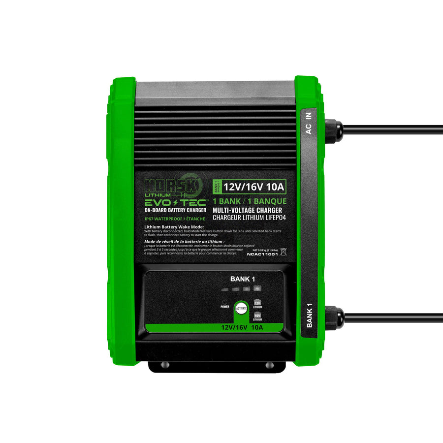 12V/16V Norsk Lithium EVO-TEC™ 10A 1 Bank Selectable On-Board Marine Charger | Marine Battery Charger for LiFePO4, AGM, and Lead Acid Batteries | Wake Mode