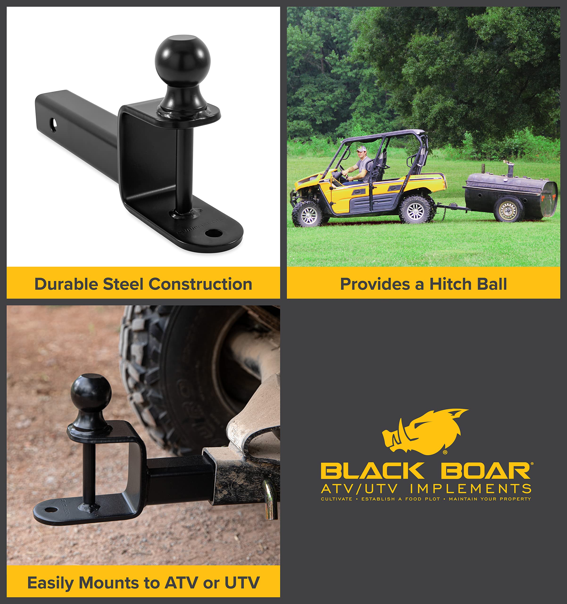 ATV/UTV Black Boar Mount with Hitch Ball and Winch Strap Loop (1 7/8" Ball, 1 1/4" Shank) (66026)