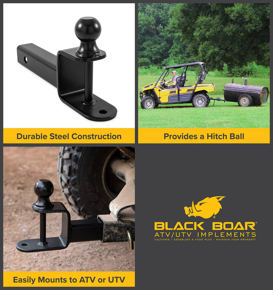 Boar Black UTV ATV Multi-Hitch - Features 1-7/8” Hitch Ball, 2” Shank - 6” (L) Shank - Hitch Ball has 2” Rise & Rated for 2,000lbs - Use w/utility trailers, tow straps & other ATV Accessories (66027)