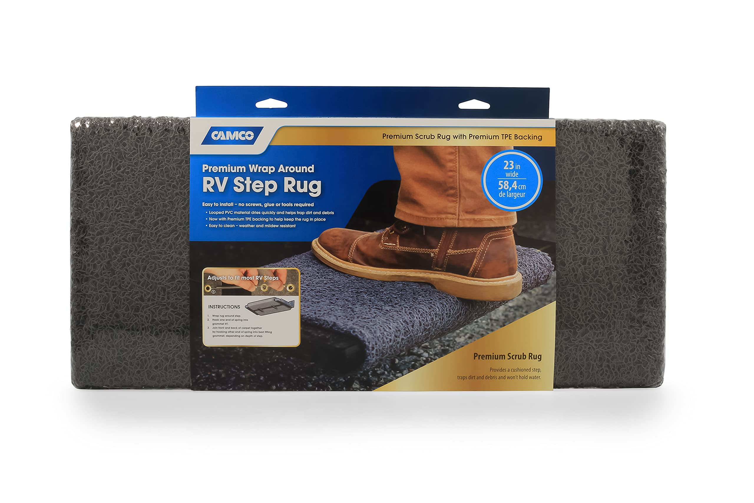 Camco Wrap Around Premium RV Step Rug – 22" x 23" Cushioned PVC Scrub Mat for Manual & Electric RV Steps – Easy Install with Springs – Gray (42968)