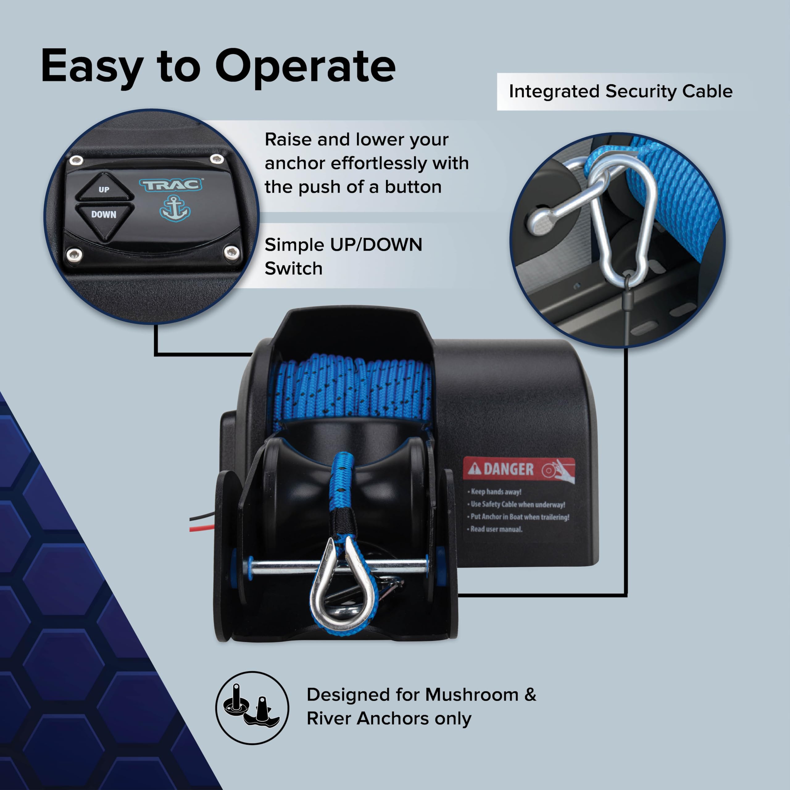 Camco TRAC 35-G3 Outdoors Pontoon Electric Boat Anchor Winch - Easy-to Operate & Features a High-Efficiency, 12-Volt DC, All Steel Gear Motor & 100-feet Pre-Wound Double-Braid Anchor Rope (69003)