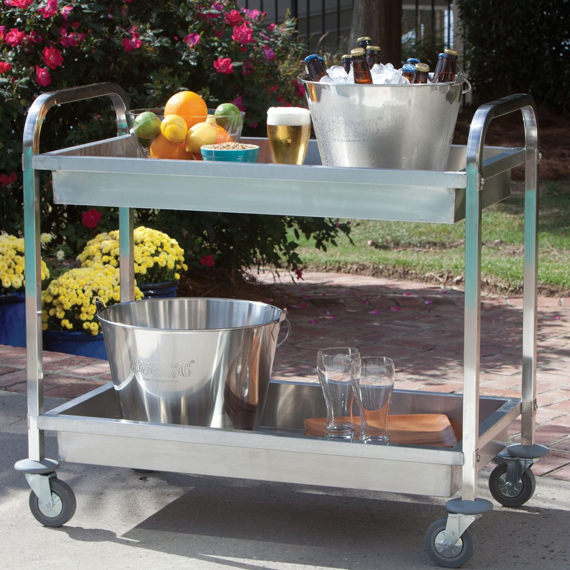 Bayou Classic Stainless Serving Cart Features Two Trays w/ Galley Rails to Keep in Place Items Easily Transportable Locking Casters Perfect For Parties to Hold All Entertaining Essentials
