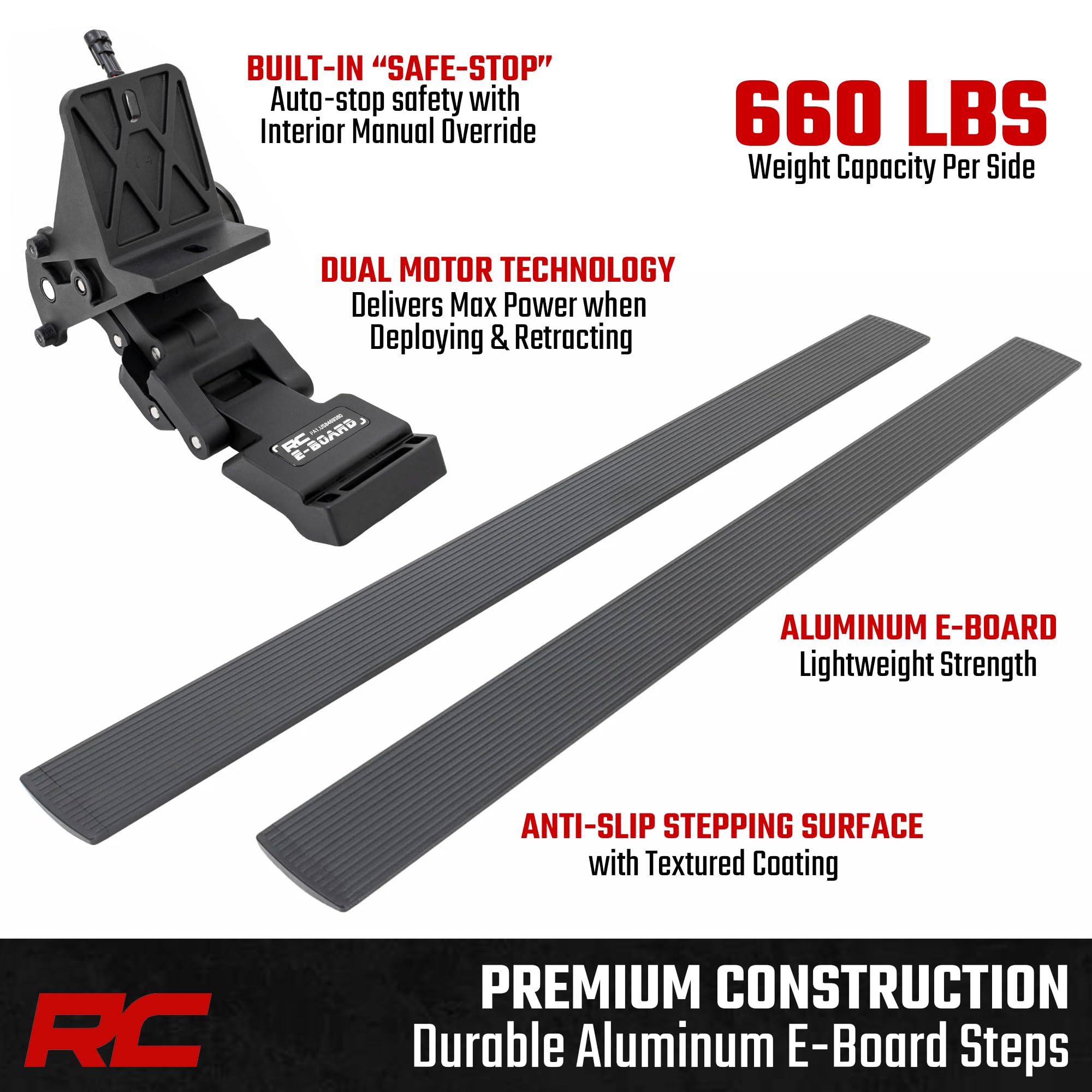 Power Running Boards Rough Country for Chevy Silverado & GMC Sierra 1500 / 2500HD / 3500HD Crew Cab (2014-2019) - Automatic Retractable Electric Side Steps with LED Lights, No-Drill Install