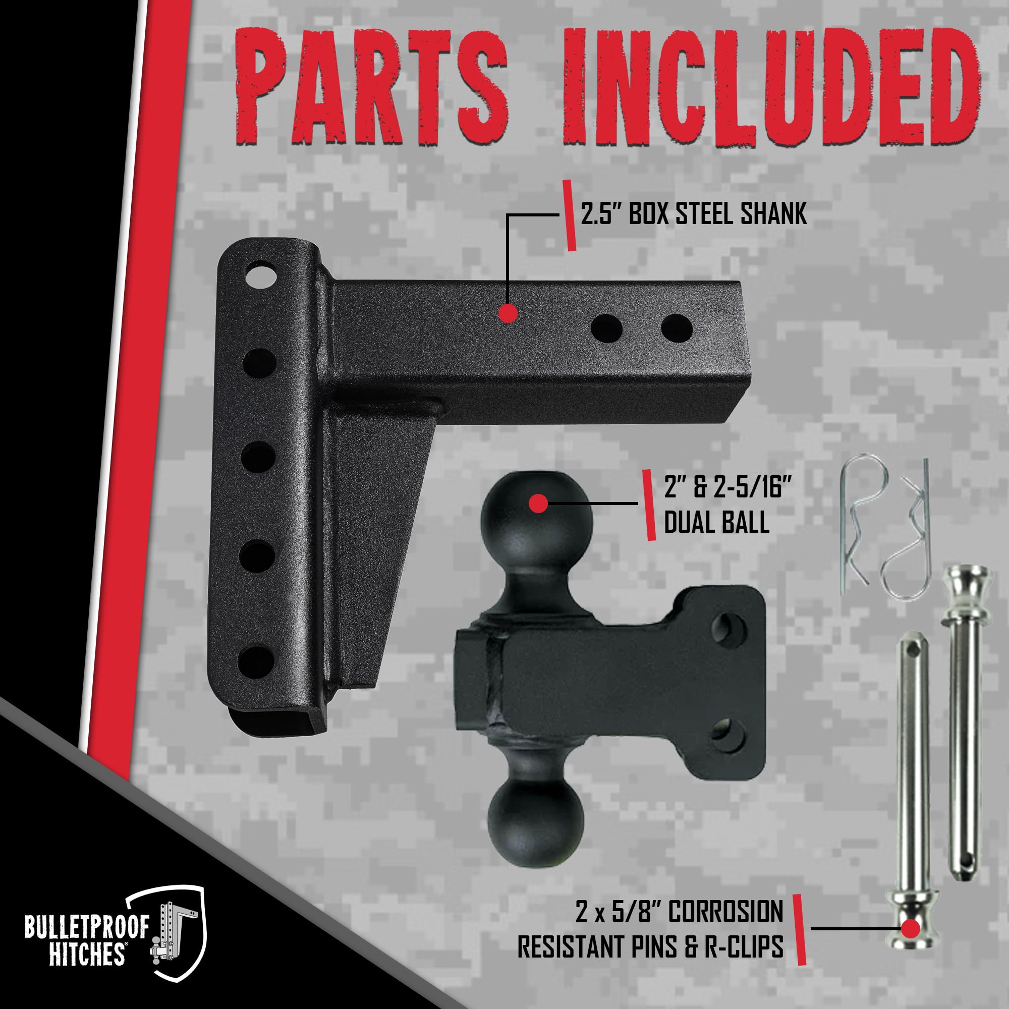 2.5" BulletProof Hitches Adjustable Medium Duty Trailer Hitch (14,000 lb. Rating) - 4" Drop/Rise Trailer Hitch with 2" & 2-5/16" Dual Ball - Powder Coat, Box Steel, Corrosion-Resistant
