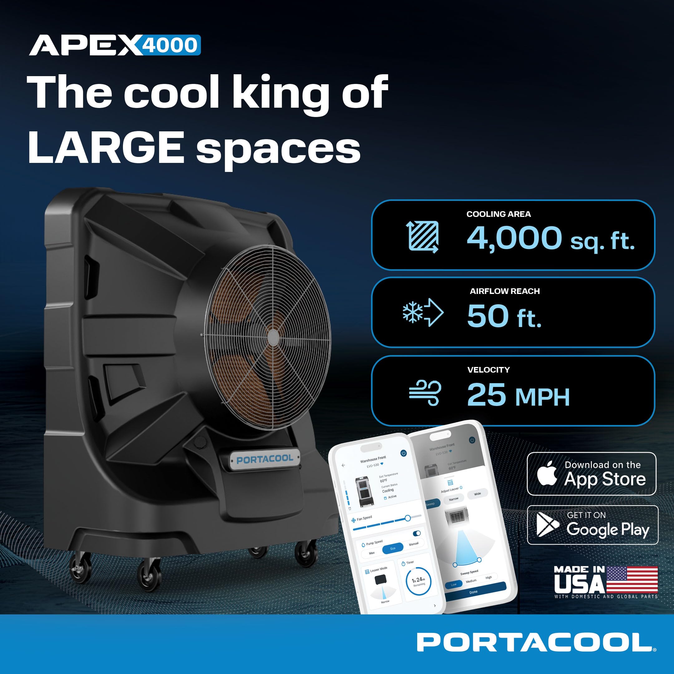 Apex 4000 Portacool (PACA40001A1) – Wi-Fi Enabled High Velocity Portable Evaporative Cooler for 4000 sq. ft. with up to 50-foot Reach, Programable, 55 Gallon Reservoir, Variable Speed