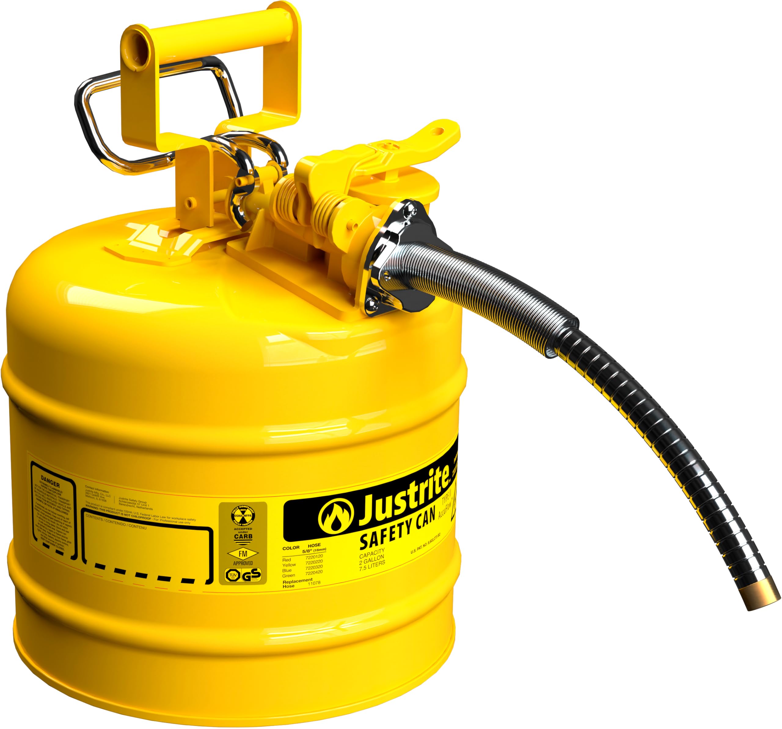 2 Gallon Justrite Type II Yellow Safety Can for Diesel with Flame Arrester, Self-Closing Lid, and 5/8" Flexible Metal Spout, Made in the USA, Galvanized Steel Flammable Storage Can, 7220220