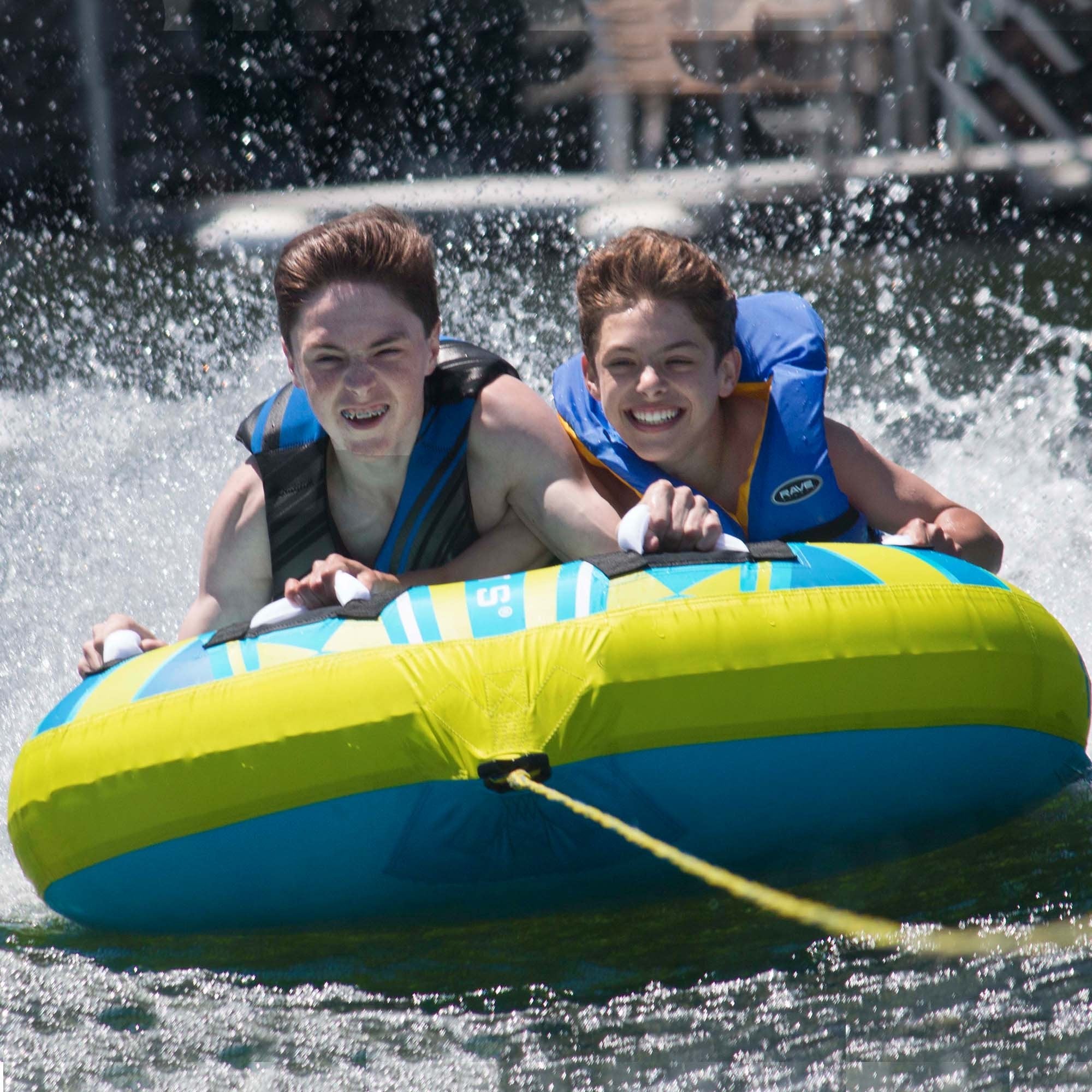 Cutter RAVE Sports Inflatable Towable Tube, 1-2 Riders, Leg Bumpers for Safety, Foam-Filled Reinforced Handles, Quick Connect Tow Point, Deep Water Boarding Strap, Boat Tubes and Towables