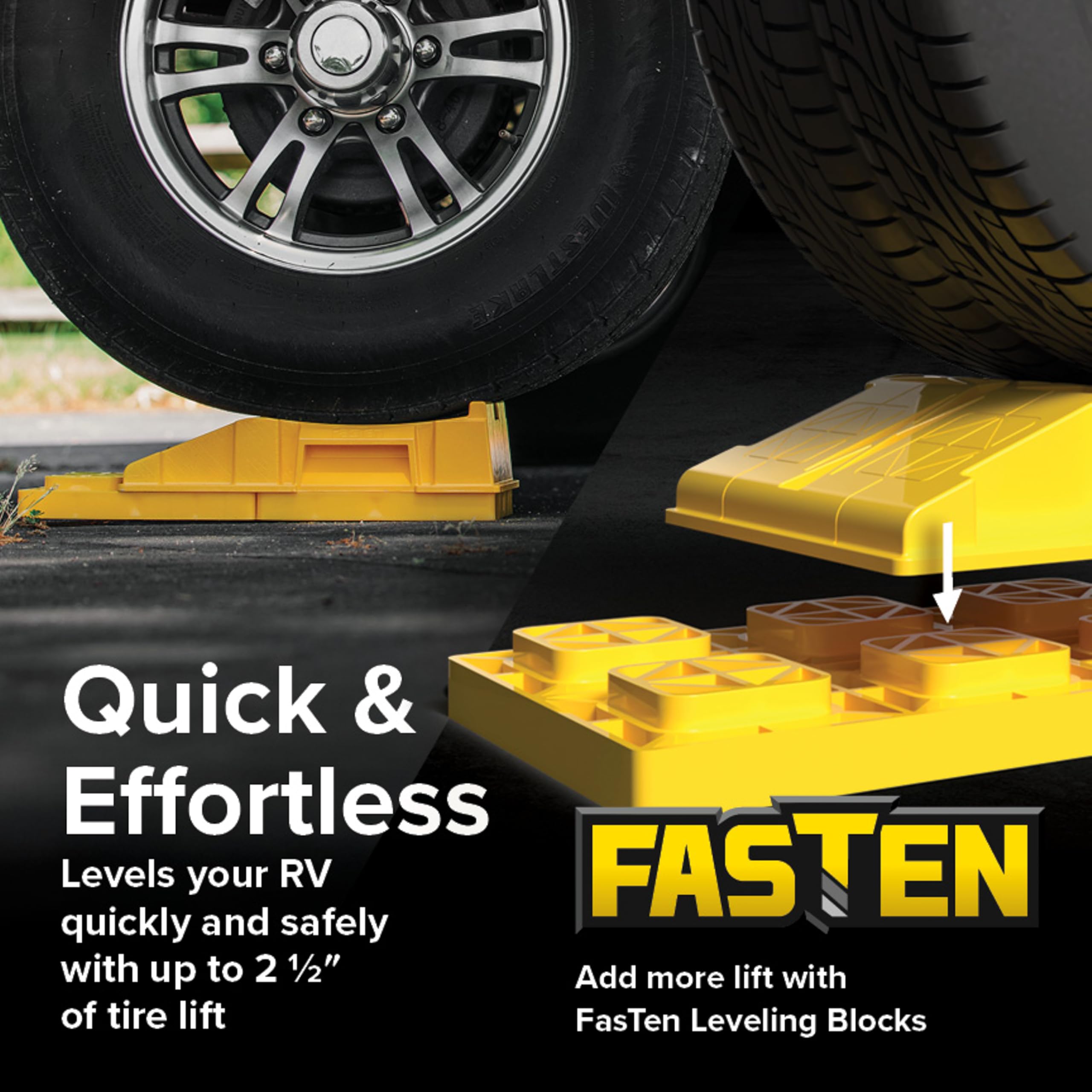 Camco Premium Fasten RV Leveling Trailer Ramps w/Convenient Handle - Nesting Design for RV Storage - Compatible w/Square Leveling Blocks - 2-Pack (44535)