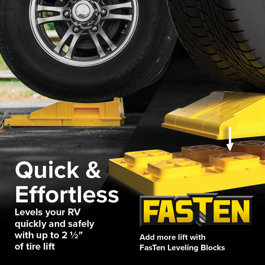 Camco Premium Fasten RV Leveling Trailer Ramps w/Convenient Handle - Nesting Design for RV Storage - Compatible w/Square Leveling Blocks - 2-Pack (44535)