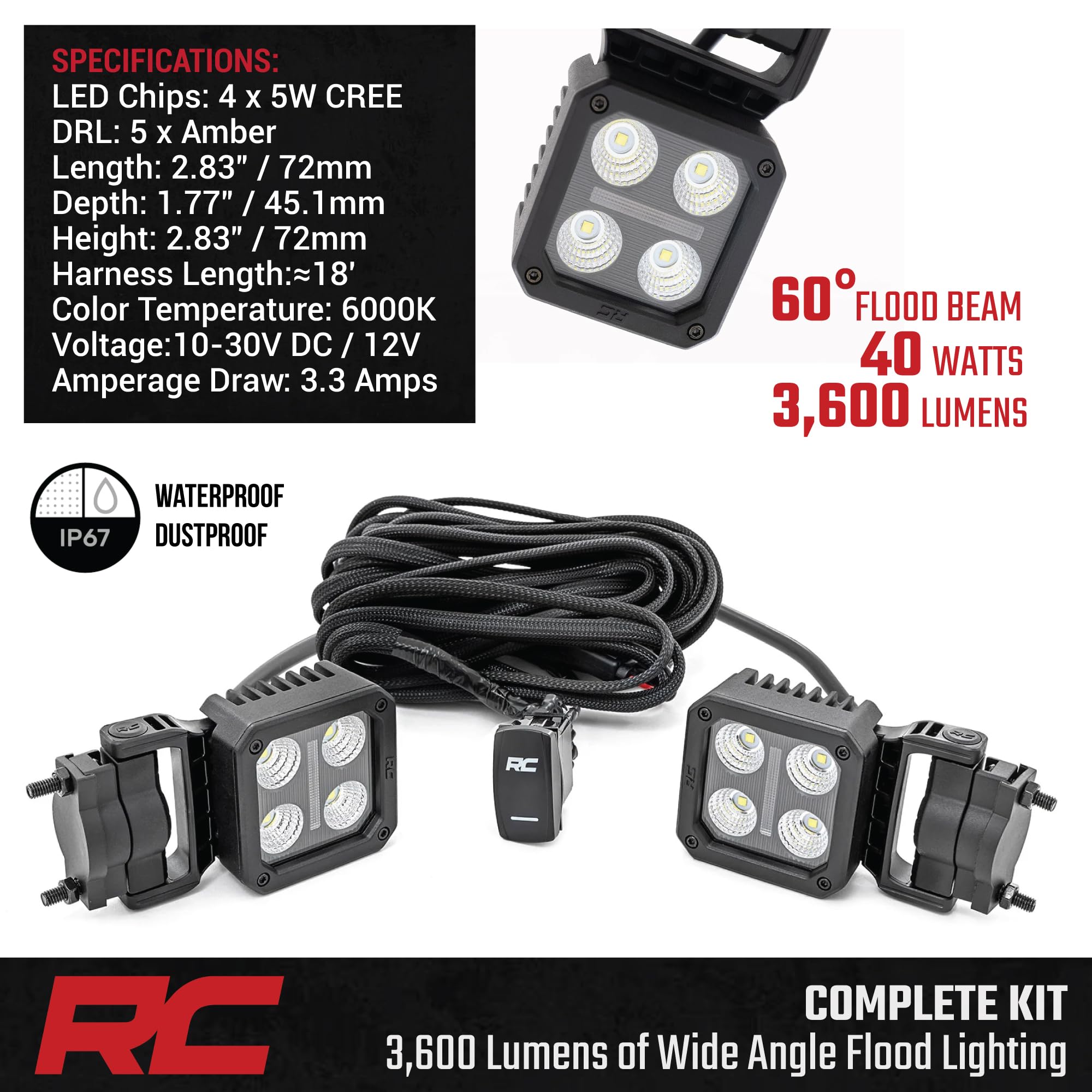 2" Rough Country Square Swivel Mount LED Light Pods with Amber DRL - Flood Beam, 360° Adjustable Off-Road Cube Lights, 40W 3600 Lumens Cree LEDs, IP67 Waterproof