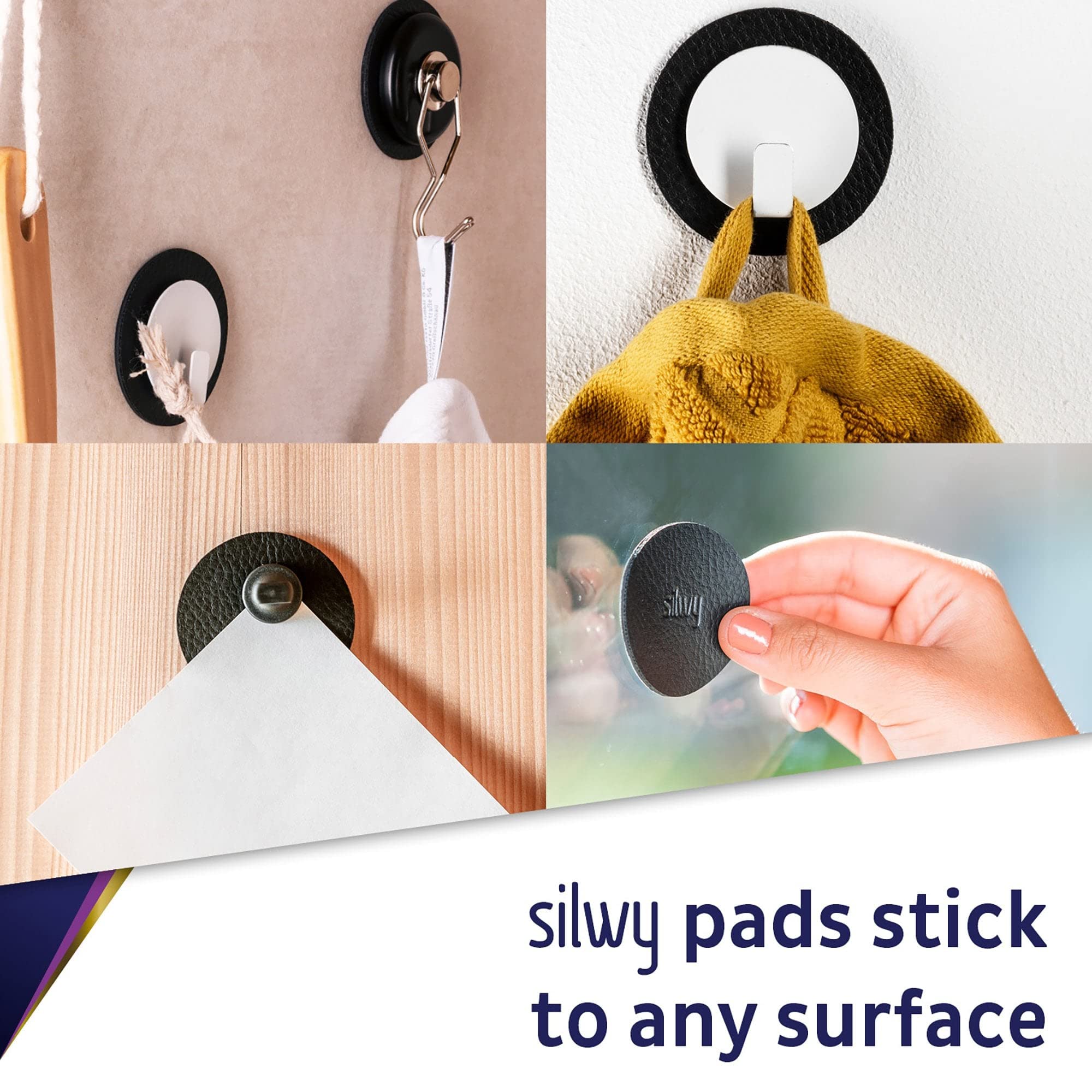 silwy® Magnet-Haken Clever INKL. Metall-Nano-Gel-Pad in 6,5 cm Black - nie Wieder Bohren Oder Schrauben - Perfekt für kleinere Gegenstände & Kleine Küchenhelfer