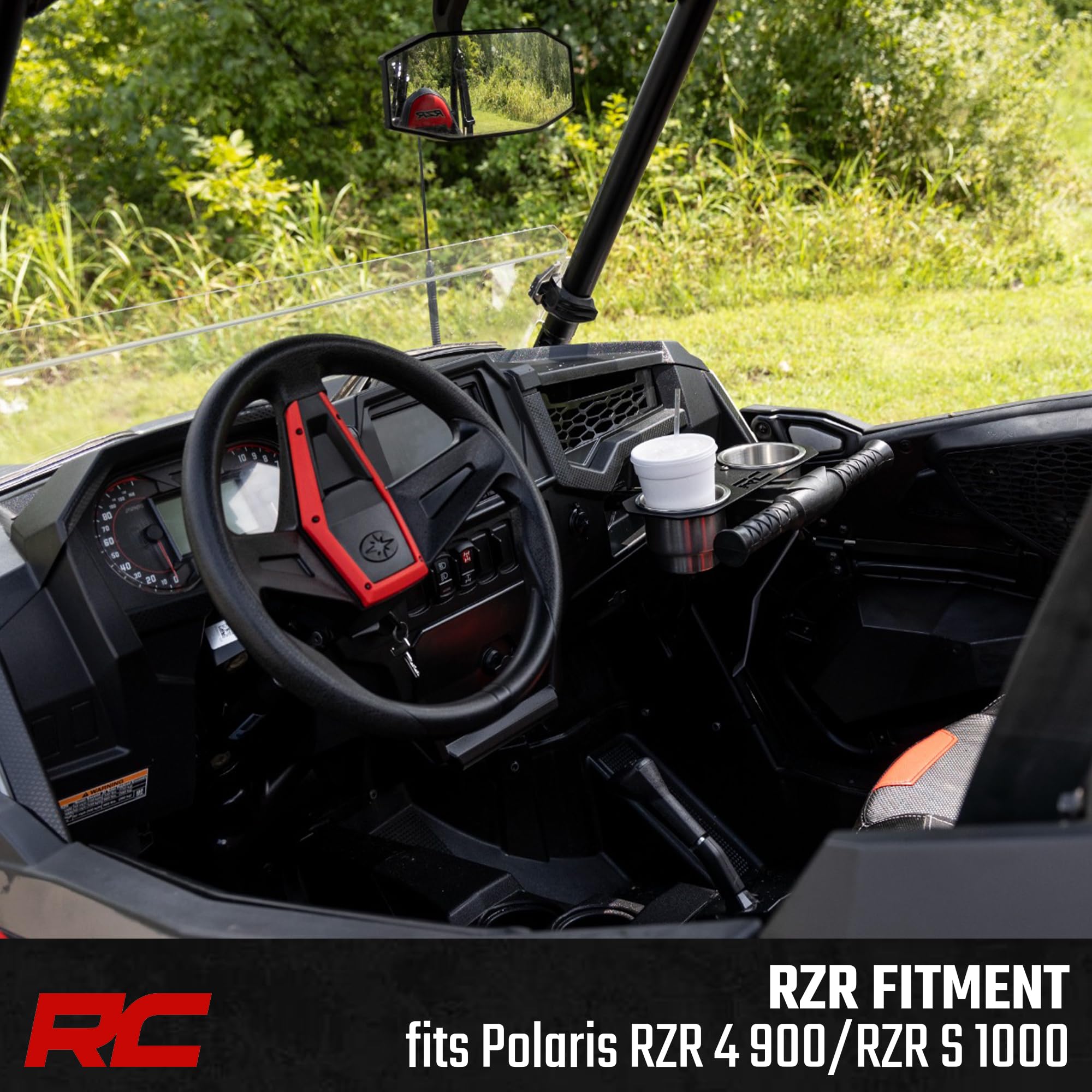 Rough Country Dual Cup Holder Passenger Grip Handle for Polaris RZR 4 900 / RZR S 1000 - Stainless Steel, Trail-Ready Drink Mount